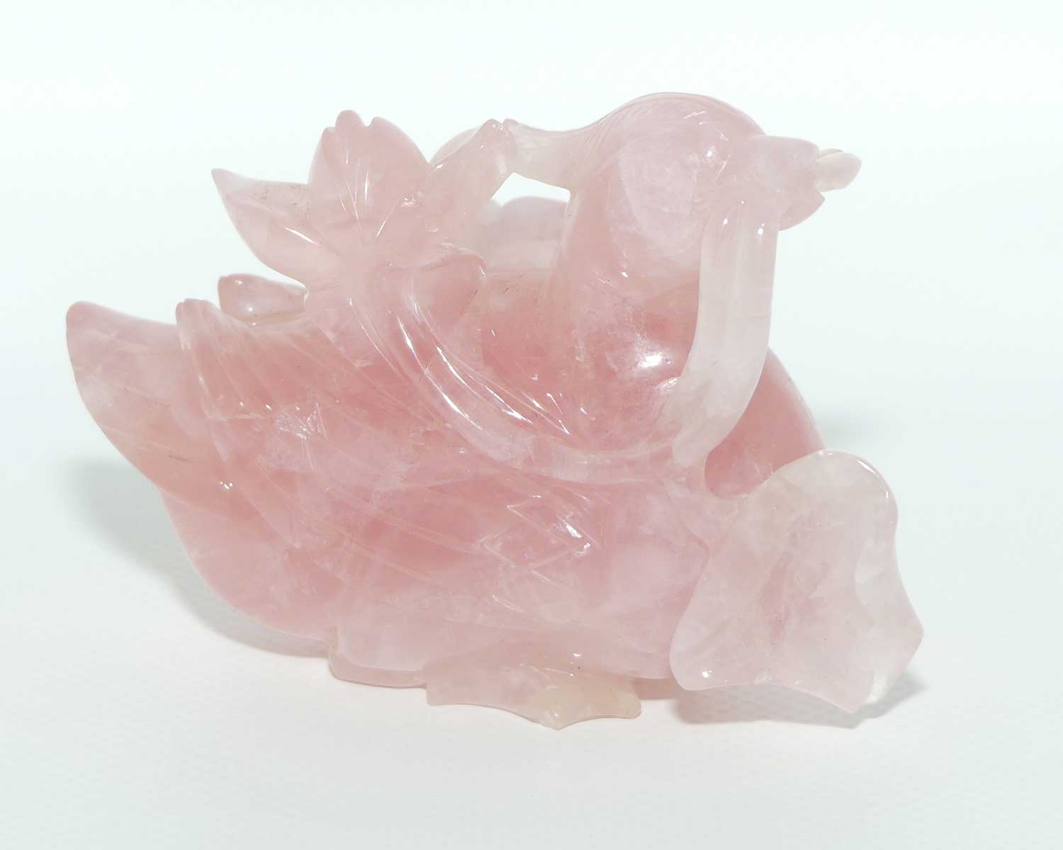 Mid 20th Century Chinese Rose Quartz Mandarin Duck on wooden stand