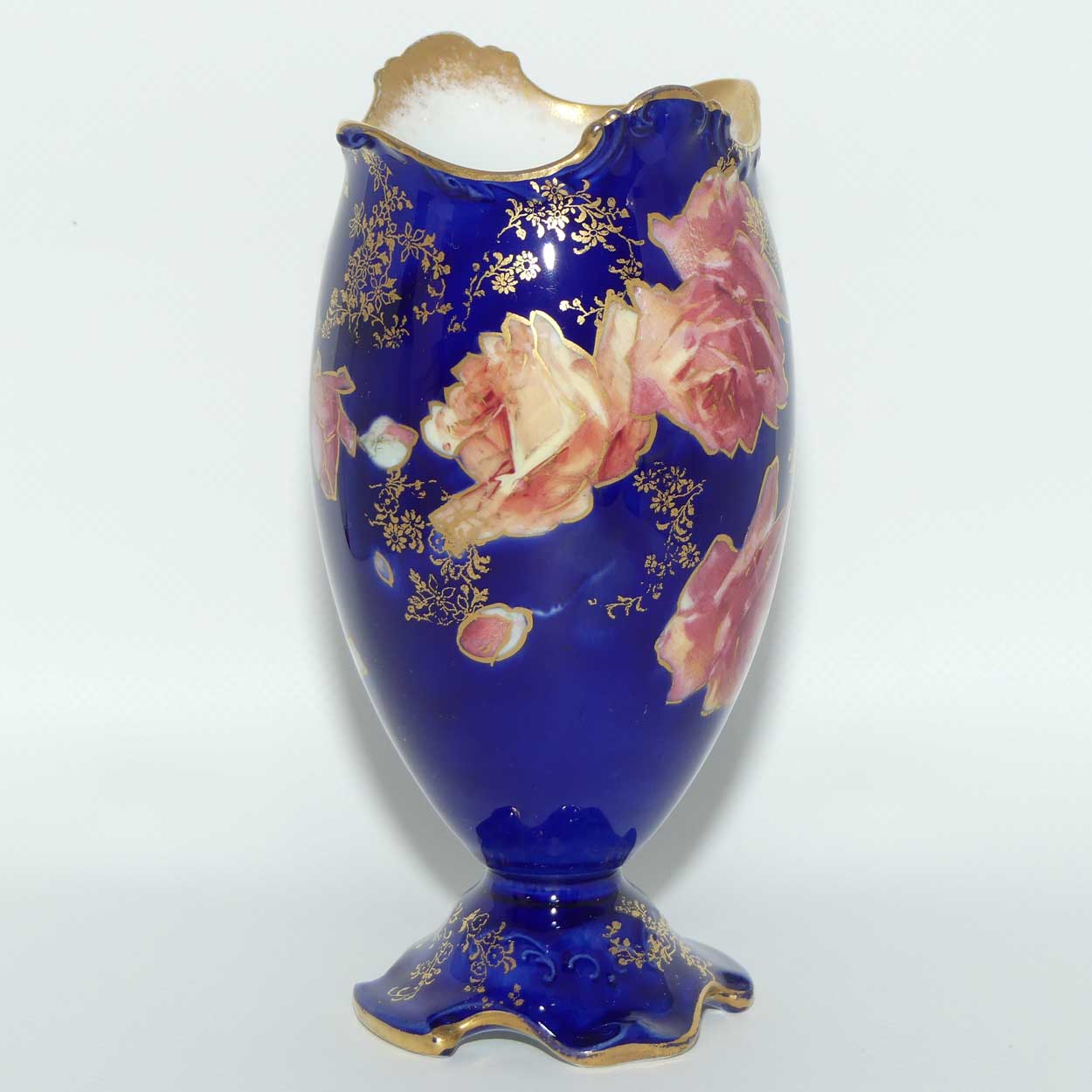 Royal Doulton hand painted and beautifully gilt roses vase | Blue body