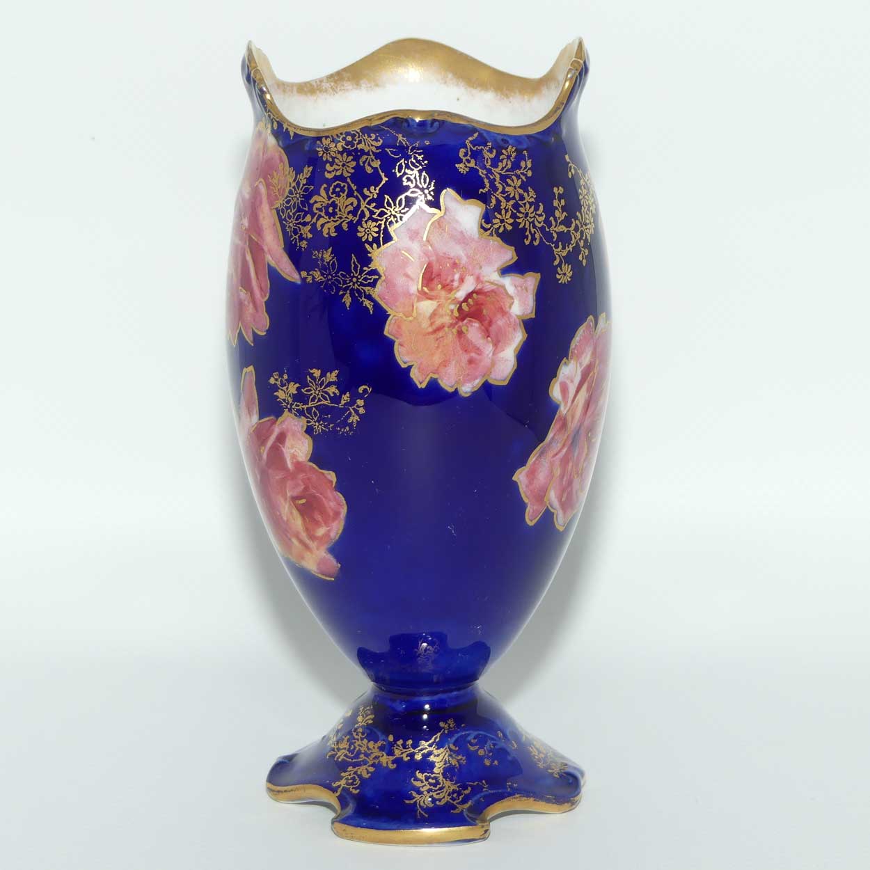 Royal Doulton hand painted and beautifully gilt roses vase | Blue body