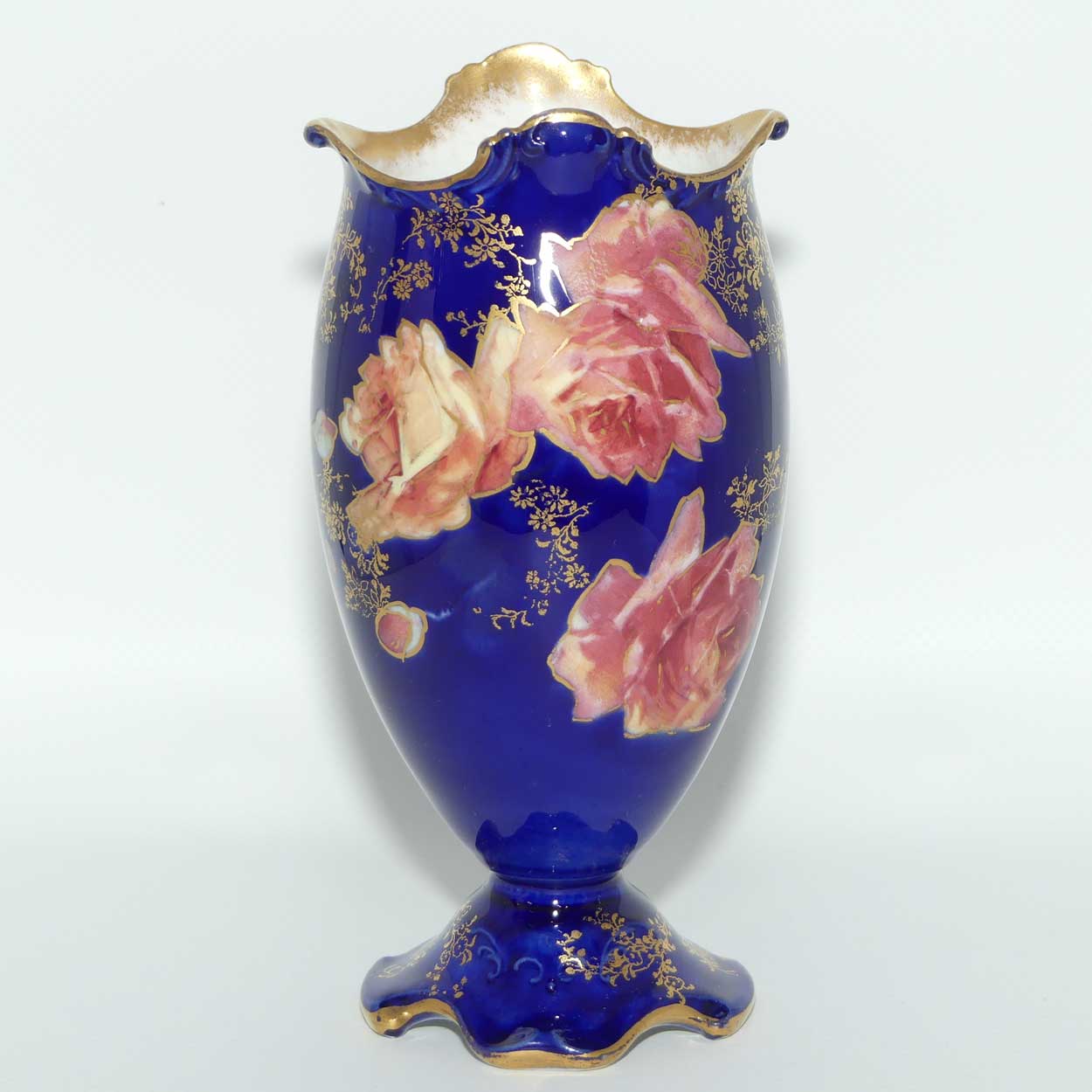 Royal Doulton hand painted and beautifully gilt roses vase | Blue body