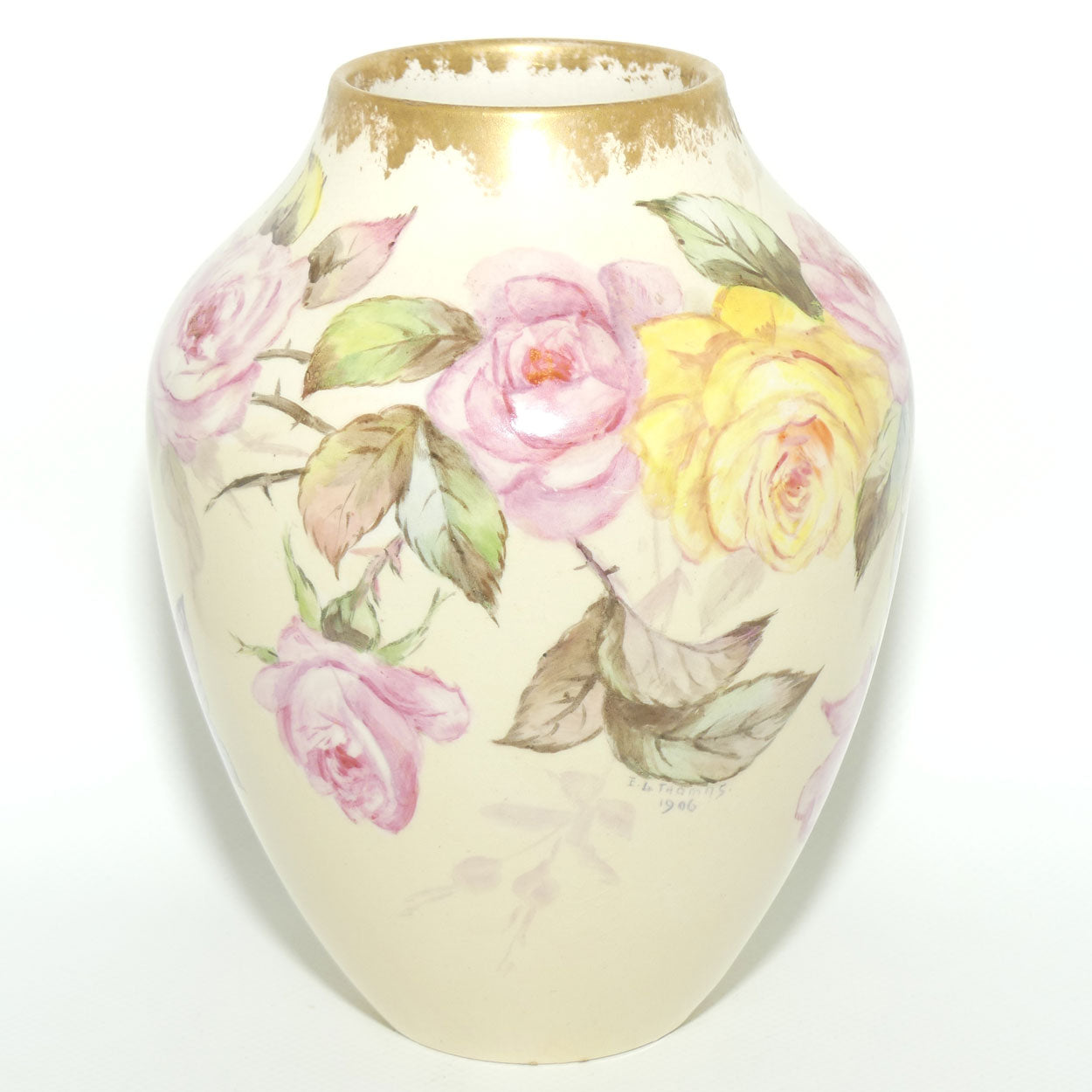 Early Australian China Painted Yellow and Pink Roses and Butterfly vase | Ethel L Thomas 1906