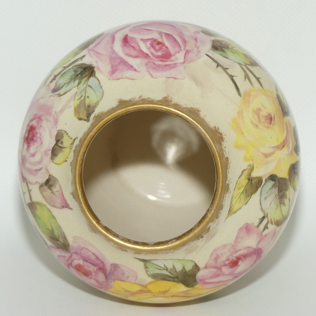 Early Australian China Painted Yellow and Pink Roses and Butterfly vase | Ethel L Thomas 1906