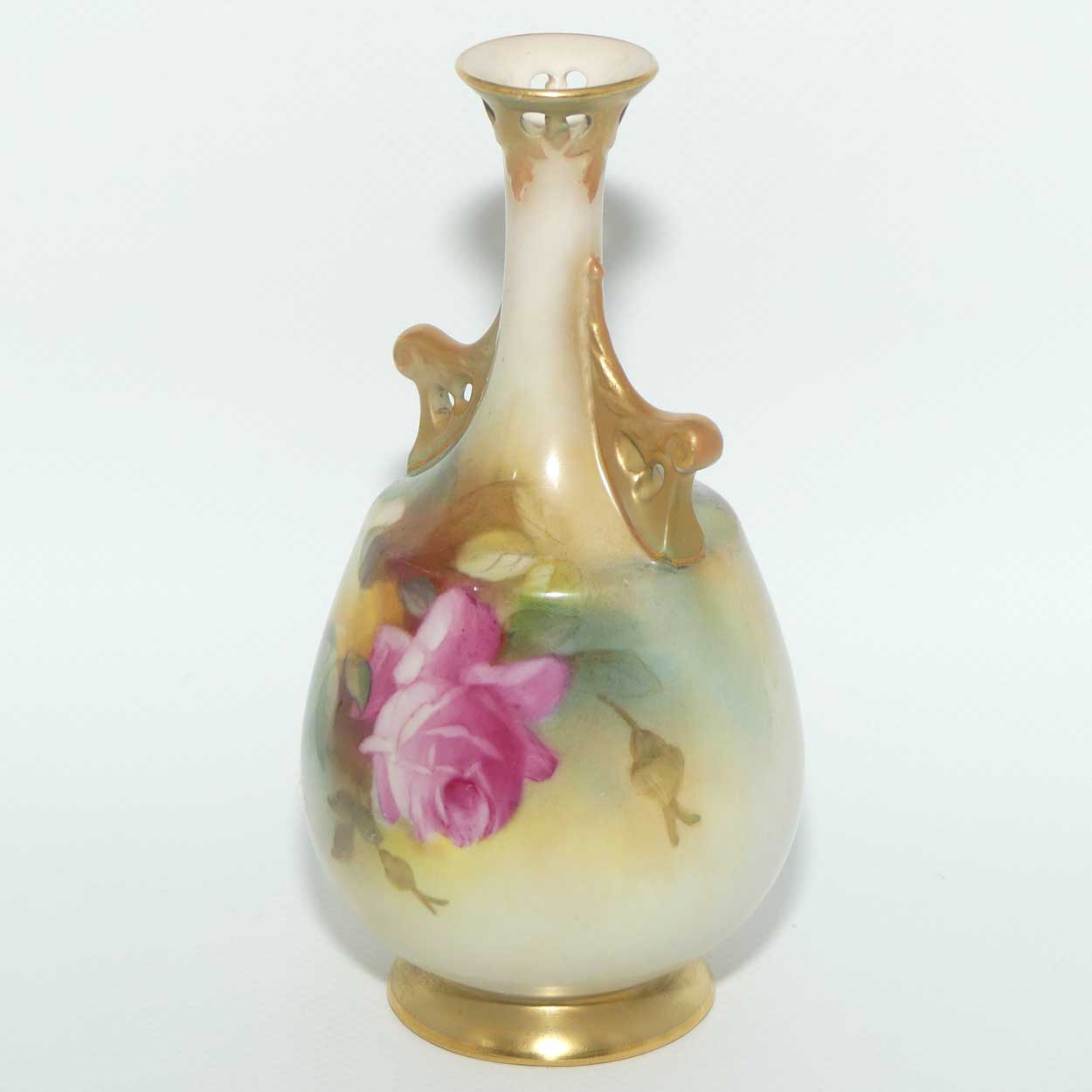 Royal Worcester hand painted Roses twin handle vase with pierced rim