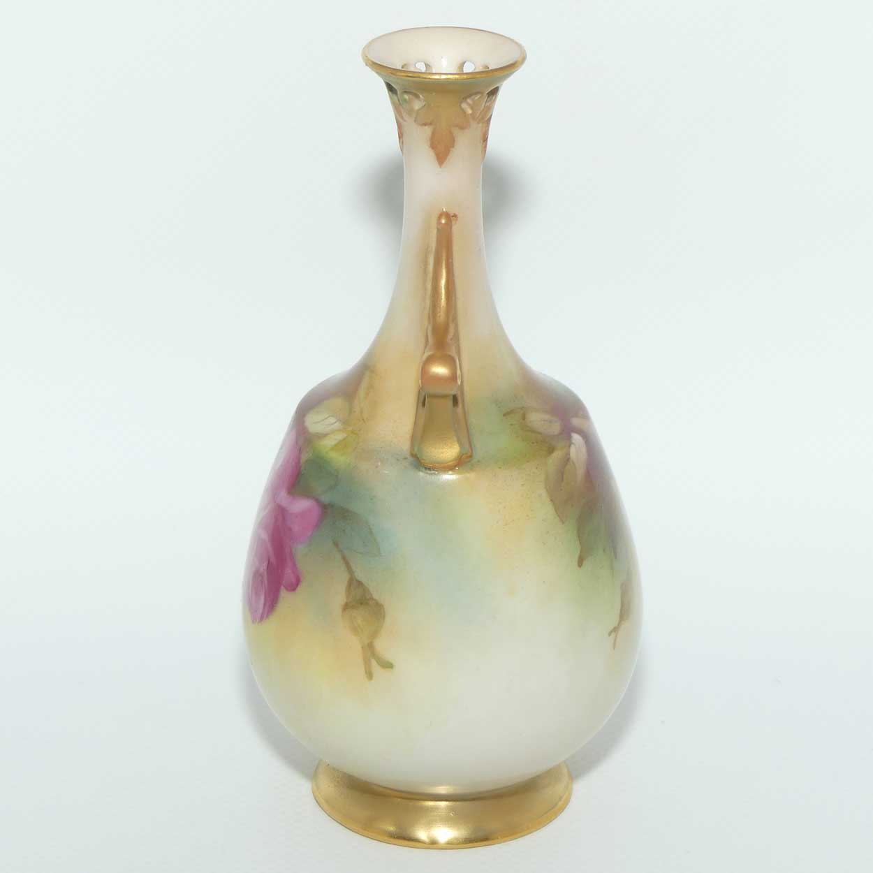 Royal Worcester hand painted Roses twin handle vase with pierced rim