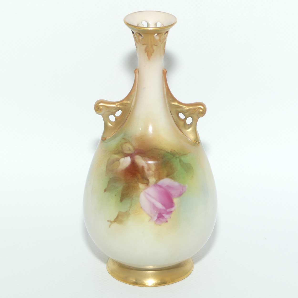 Royal Worcester hand painted Roses twin handle vase with pierced rim