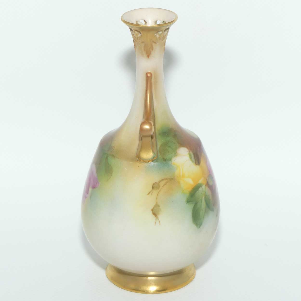 Royal Worcester hand painted Roses twin handle vase with pierced rim
