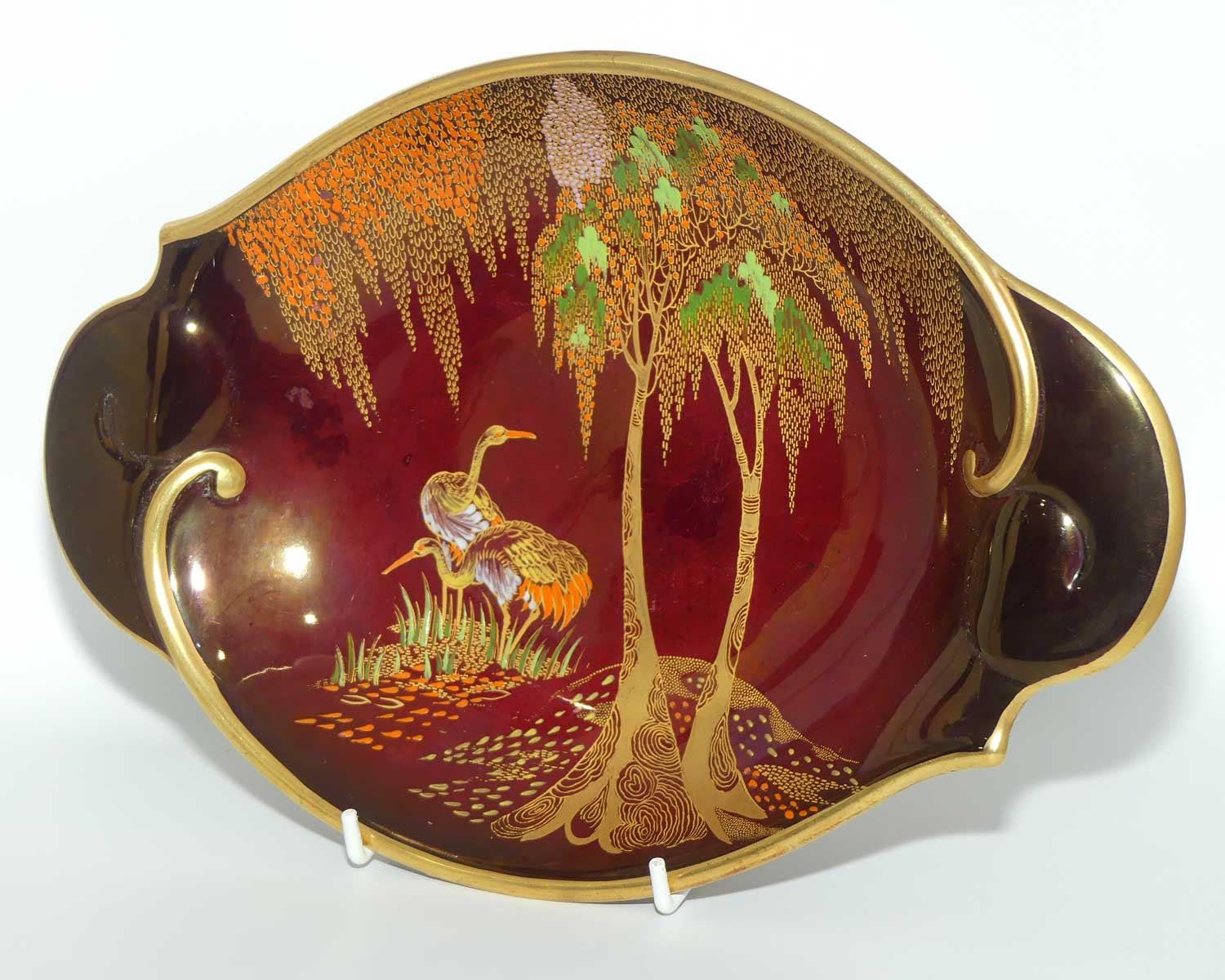 Carlton Ware Rouge Royale Cranes oval bowl with scrolling handles | 2 Birds | 29cm wide