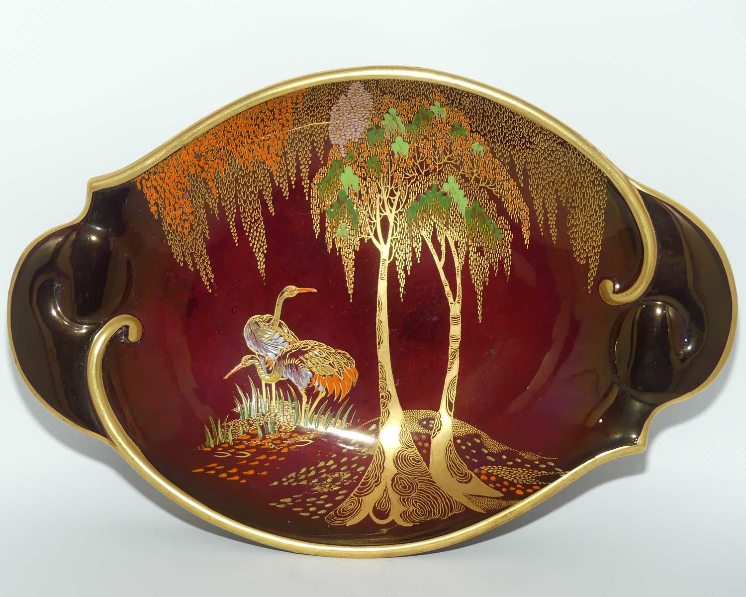 Carlton Ware Rouge Royale Cranes oval bowl with scrolling handles | 2 Birds | 29cm wide