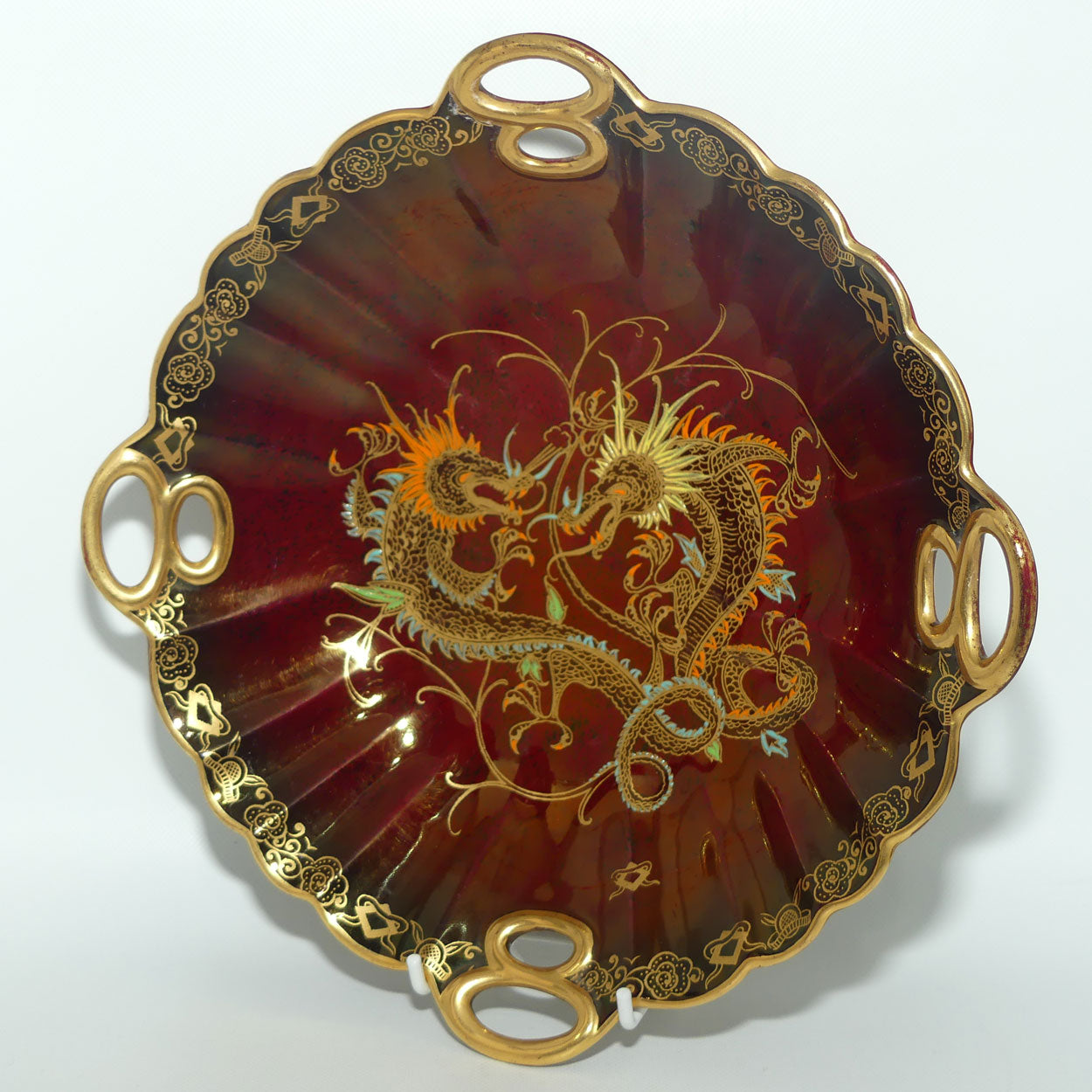 Crown Devon Fieldings Rouge Duelling Dragons square bowl with 4 handles