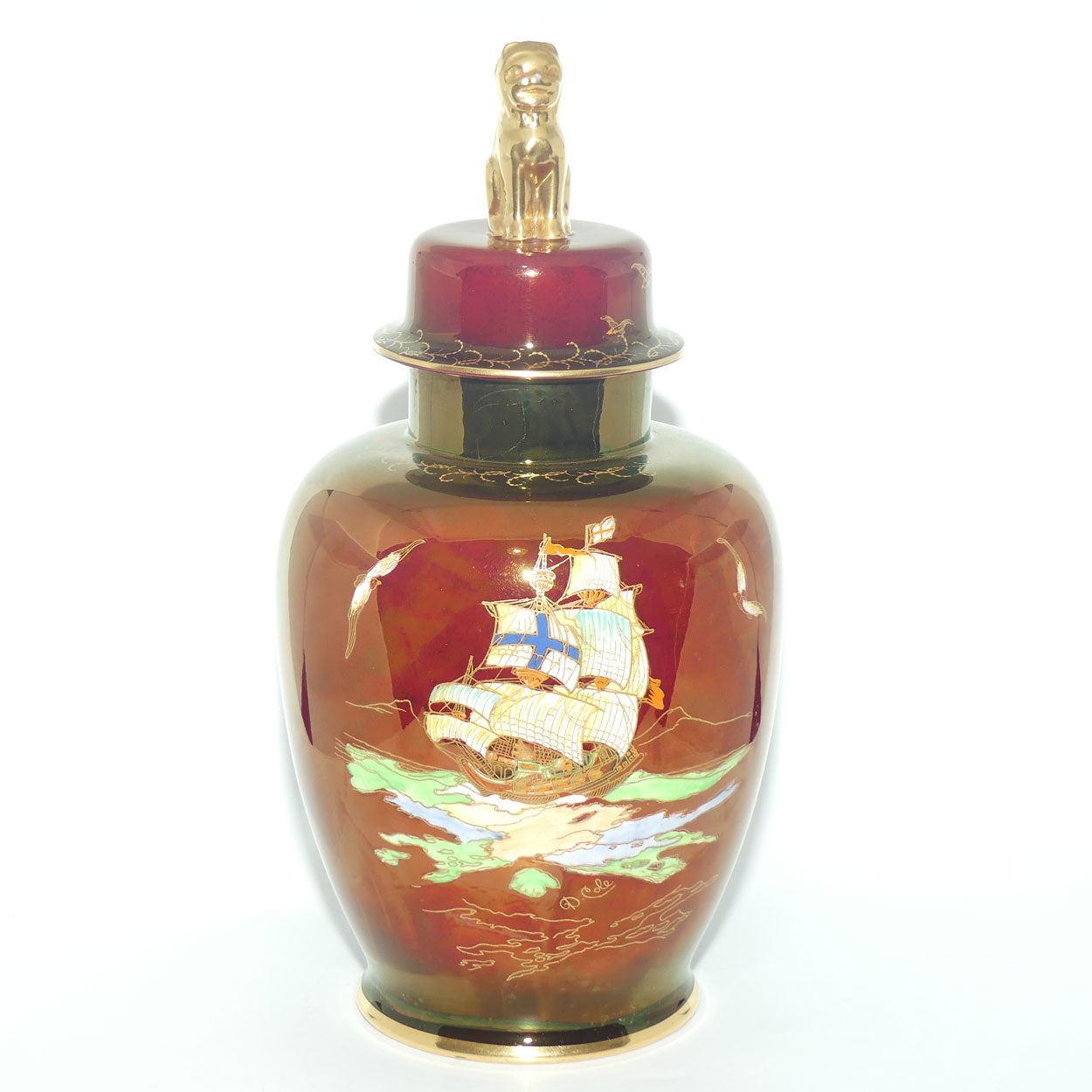 Crown Devon Fieldings Rouge Tall Ships design Temple Urn signed D Cole