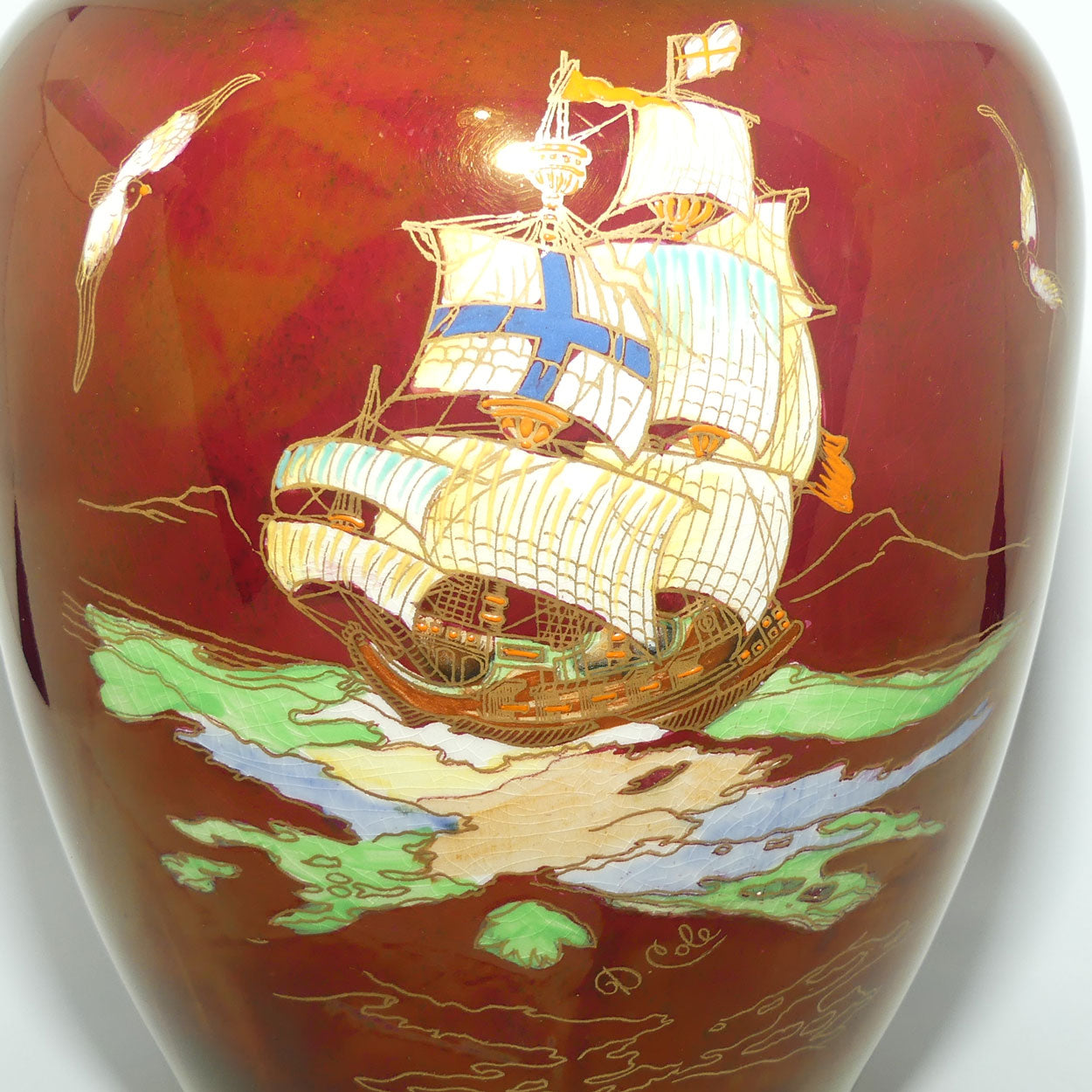 Crown Devon Fieldings Rouge Tall Ships design Temple Urn signed D Cole