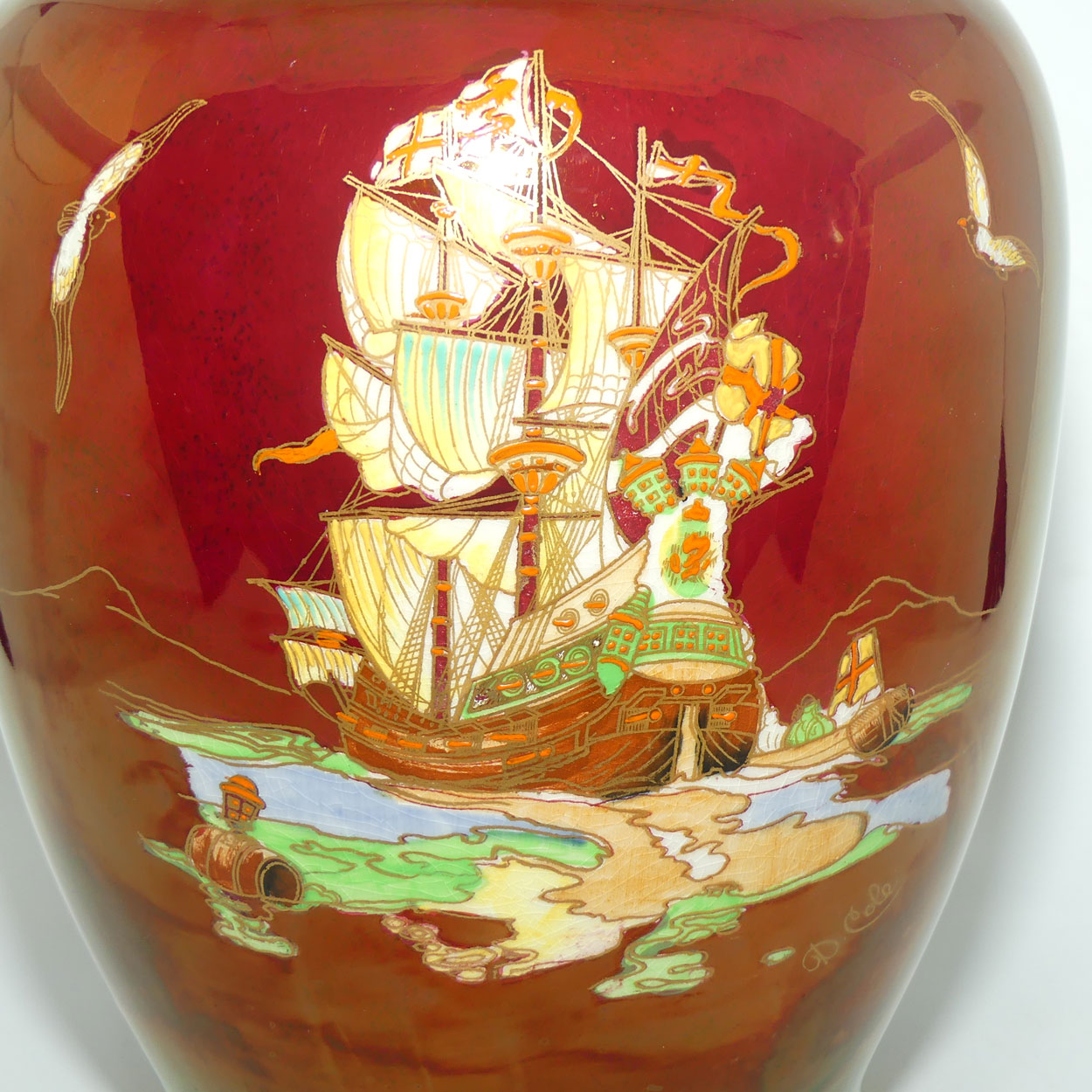 Crown Devon Fieldings Rouge Tall Ships design Temple Urn signed D Cole