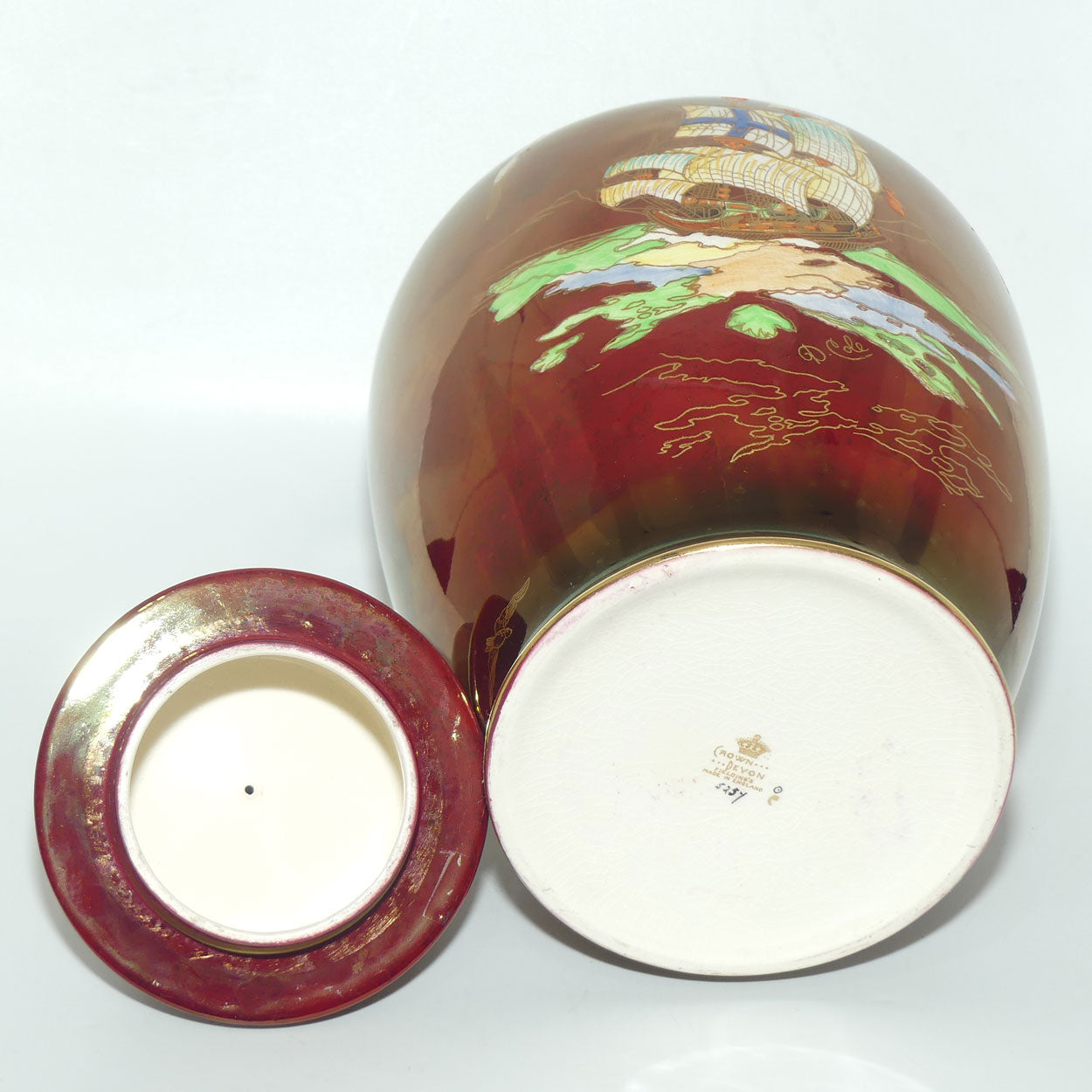 Crown Devon Fieldings Rouge Tall Ships design Temple Urn signed D Cole