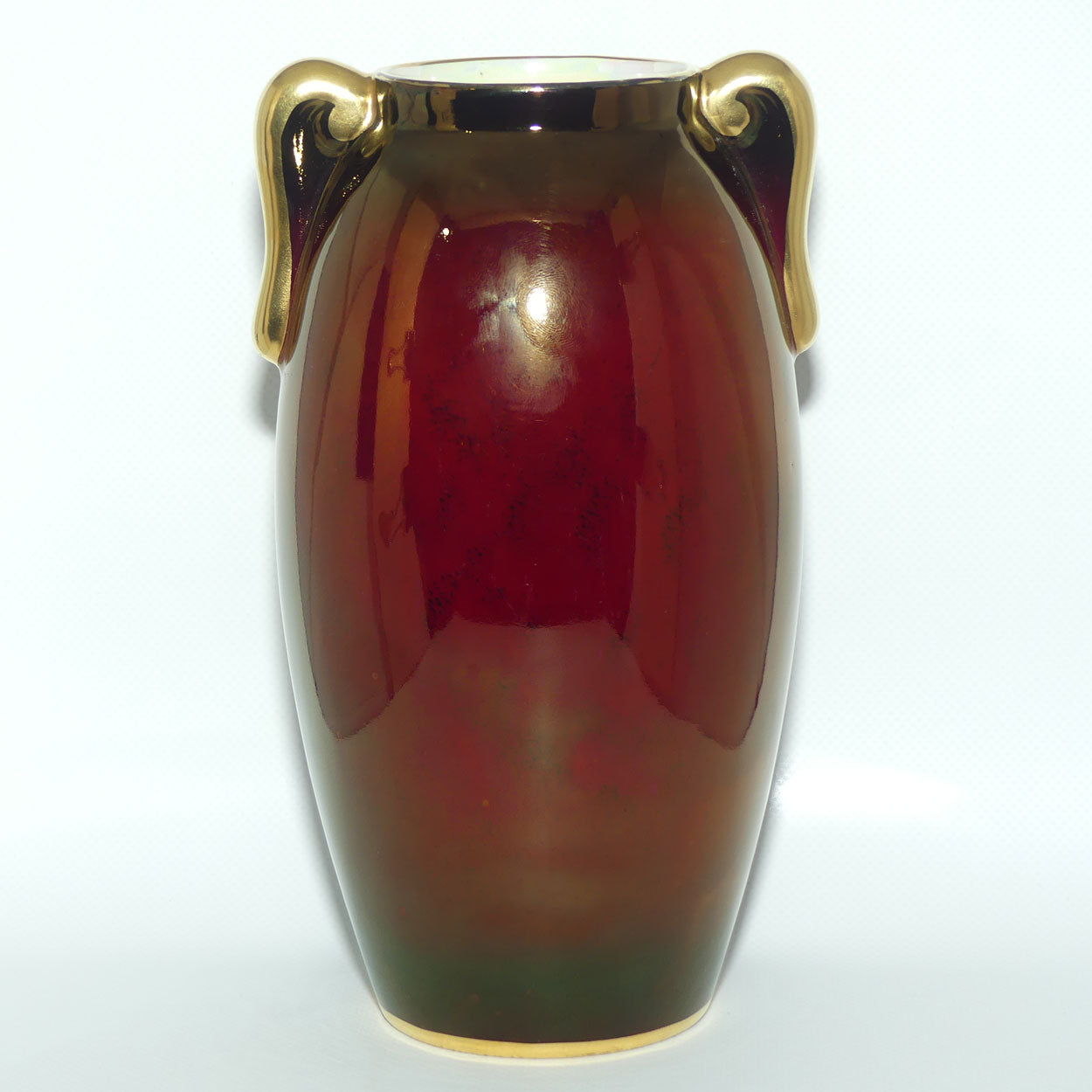 Crown Devon Rouge Lustre vase with gilt handles | Mid Century ovoid design