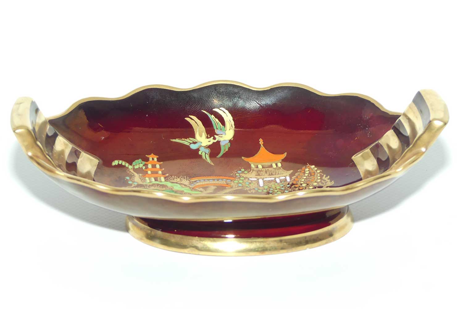 Carlton Ware Rouge Royale Pagoda pattern oval bowl | 2 Birds | 17cm wide