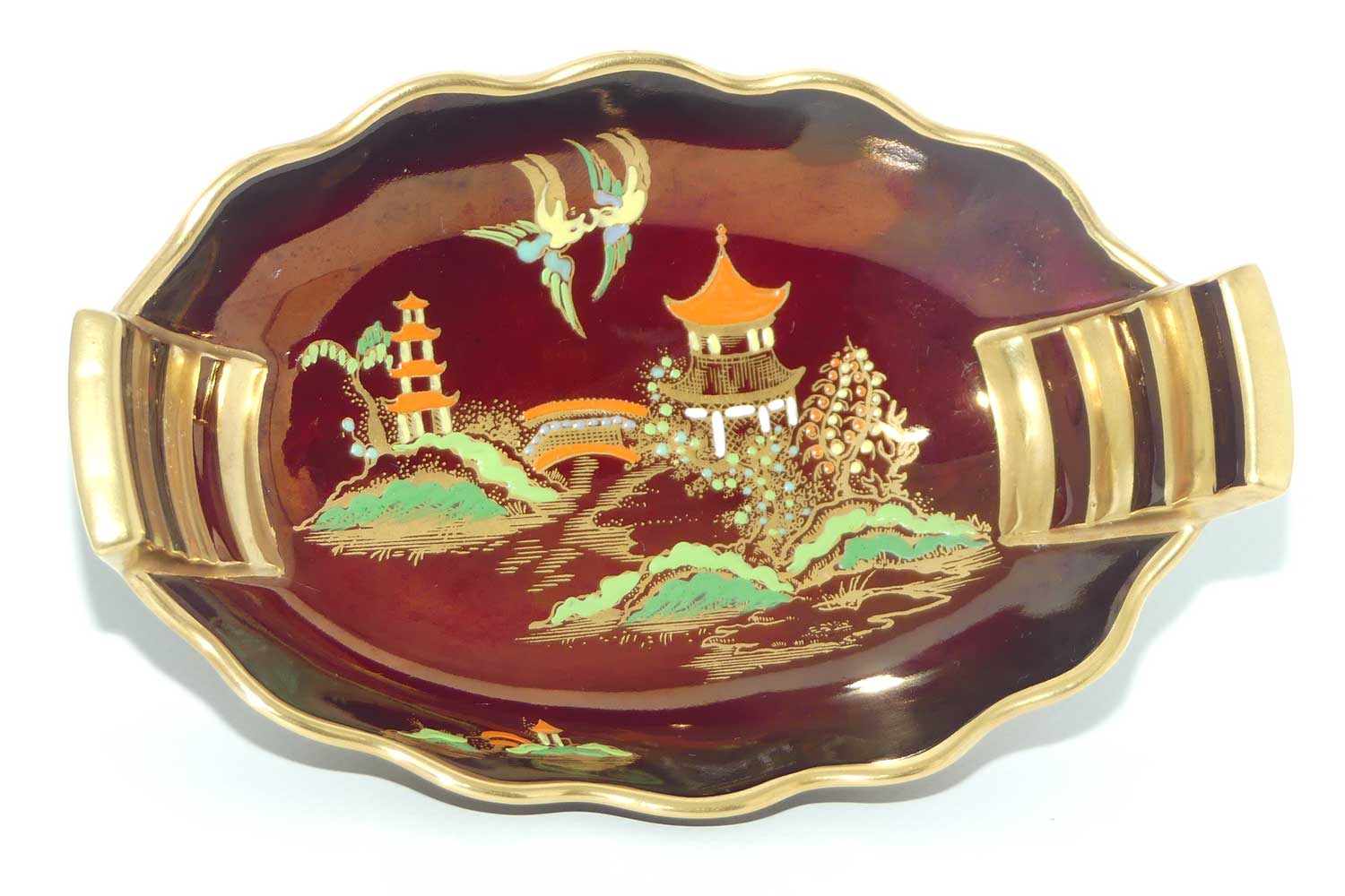 Carlton Ware Rouge Royale Pagoda pattern oval bowl | 2 Birds | 17cm wide