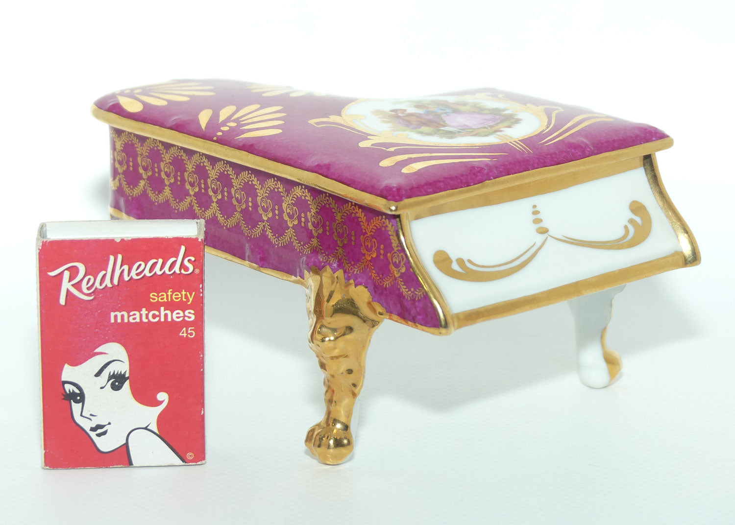 Limoges France Rouge and Gilt Grand Piano Trinket Box | Traditional Courting Scene