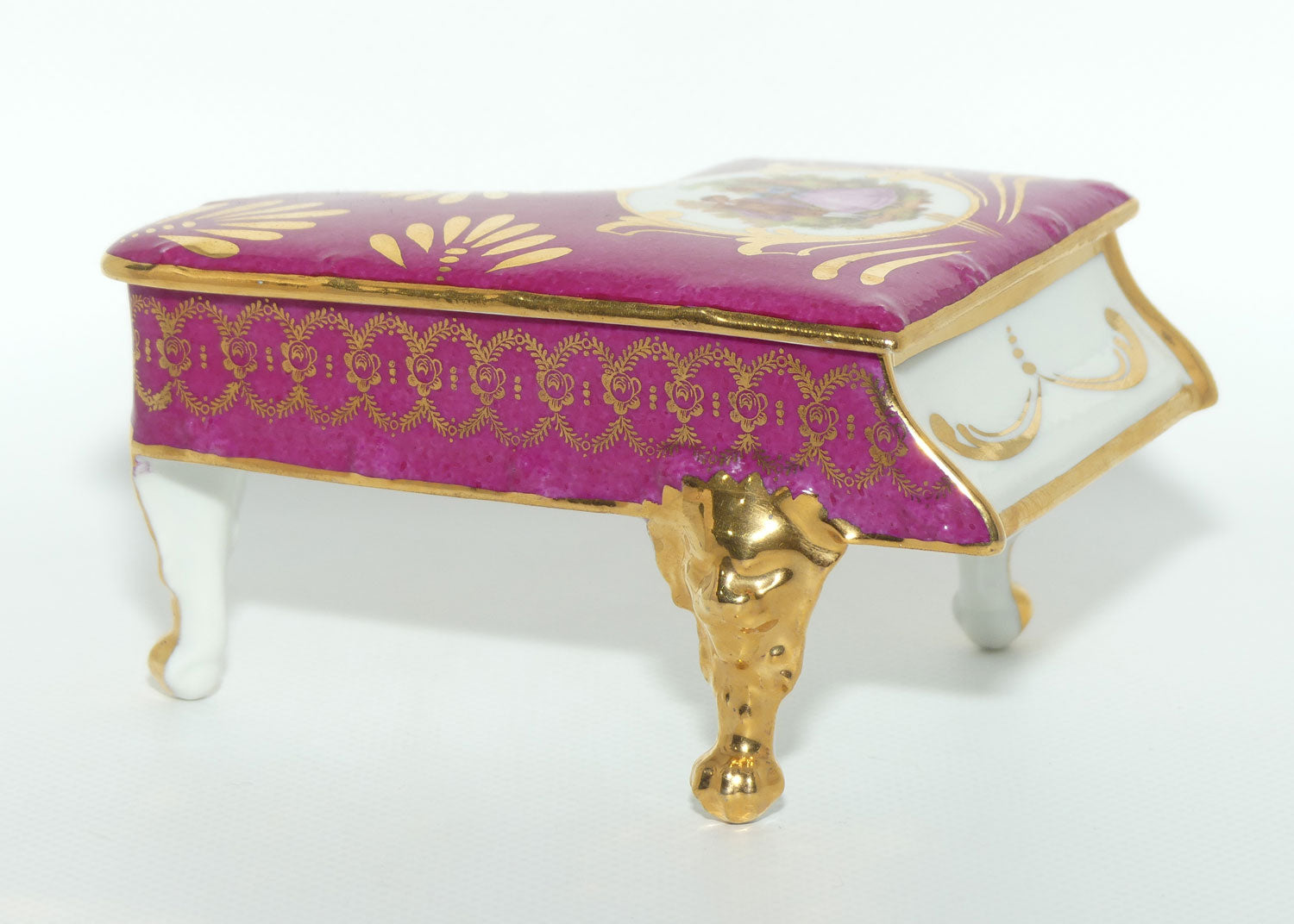 Limoges France Rouge and Gilt Grand Piano Trinket Box | Traditional Courting Scene
