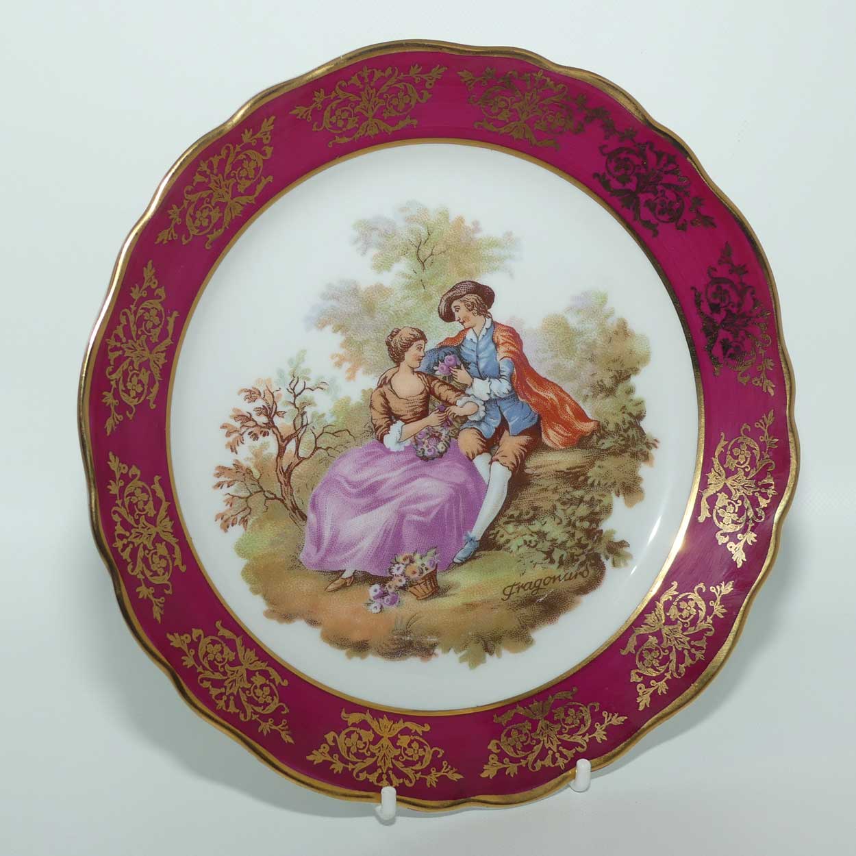 Limoges France Courting Couple plate | Rouge and Gilt Border | 19cm | signed Fragonard