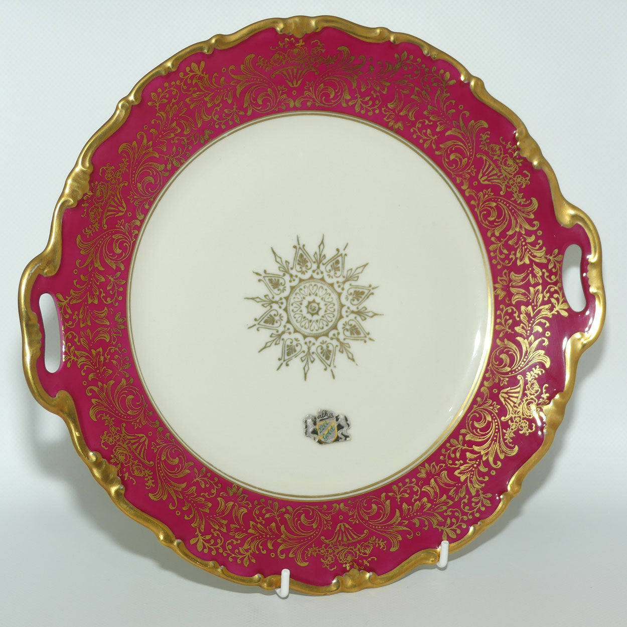 Alka Bavaria twin handle cake plate | Rouge Band with Heavy Gilt floral pattern