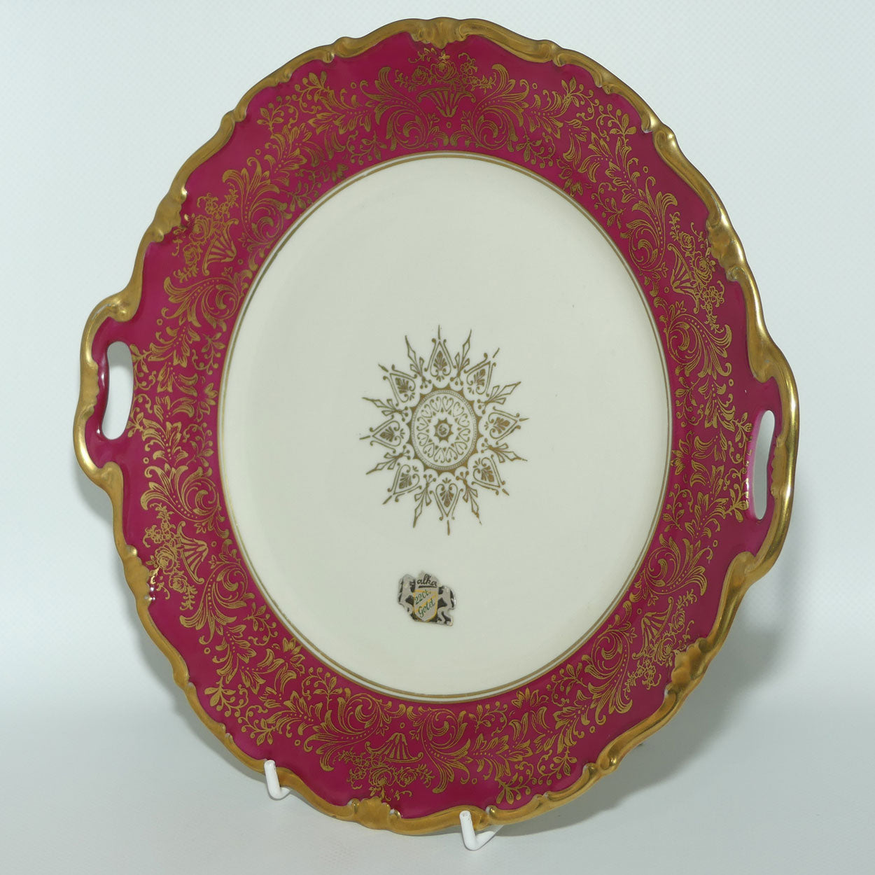 Alka Bavaria twin handle cake plate | Rouge Band with Heavy Gilt floral pattern