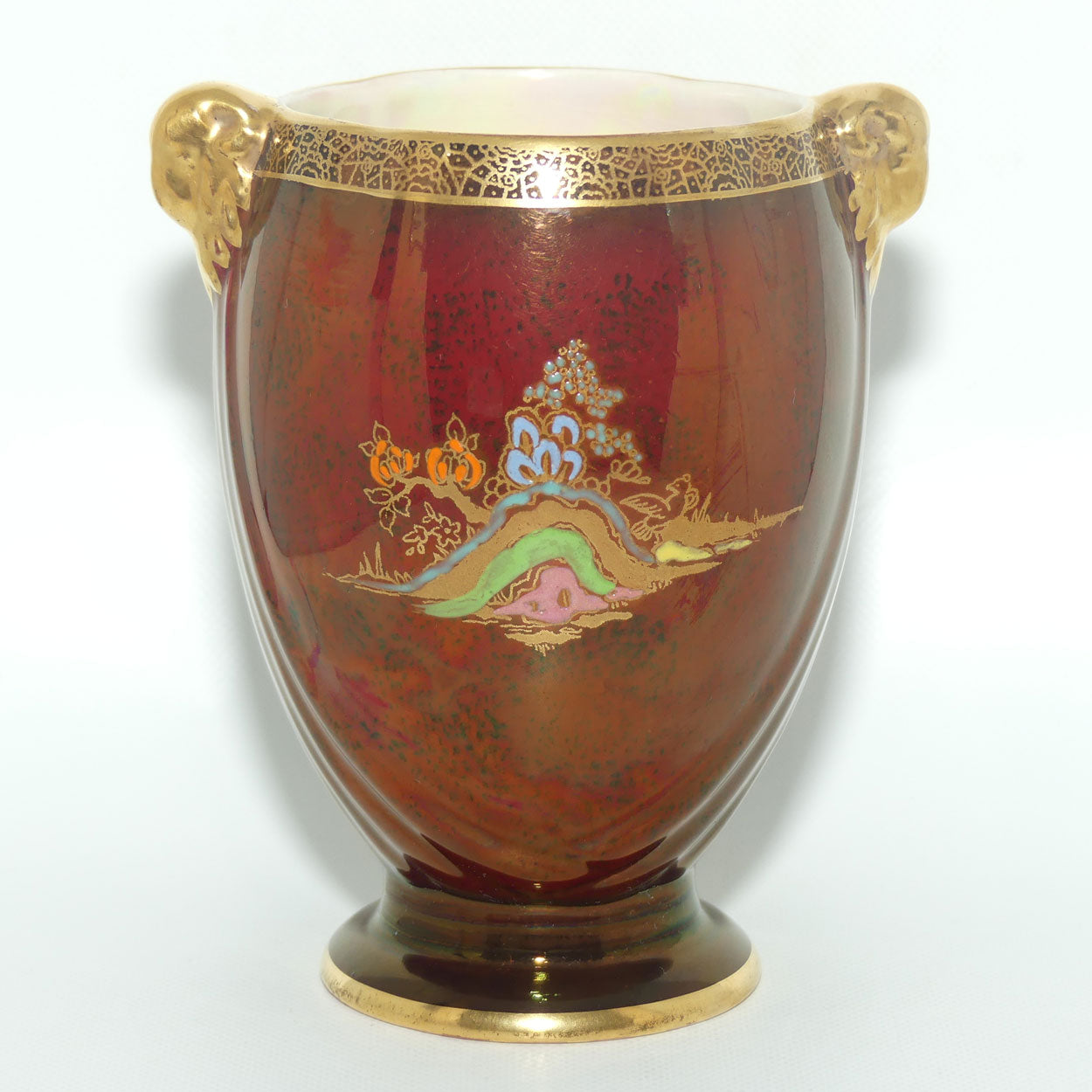 Crown Devon Fieldings Rouge Pagoda design twin handle vase | 12.5cms