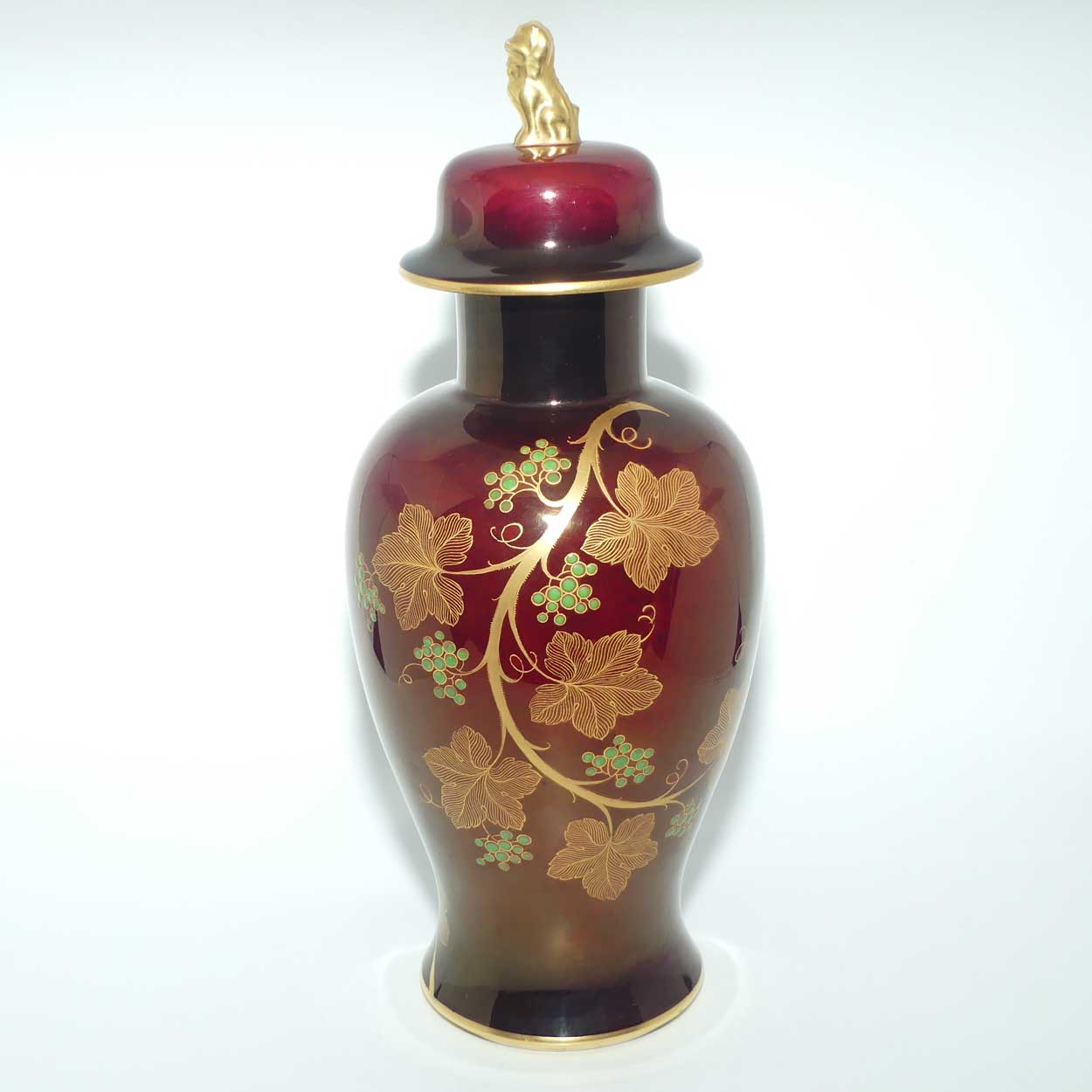 Carlton Ware temple jar with Fo Dog finial | Rouge Royale Grape and Vine pattern | 38cm tall 