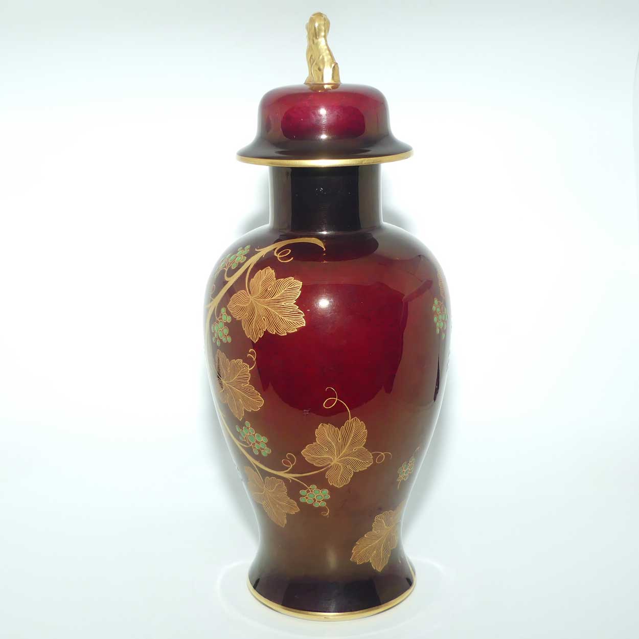 Carlton Ware temple jar with Fo Dog finial | Rouge Royale Grape and Vine pattern | 38cm tall 