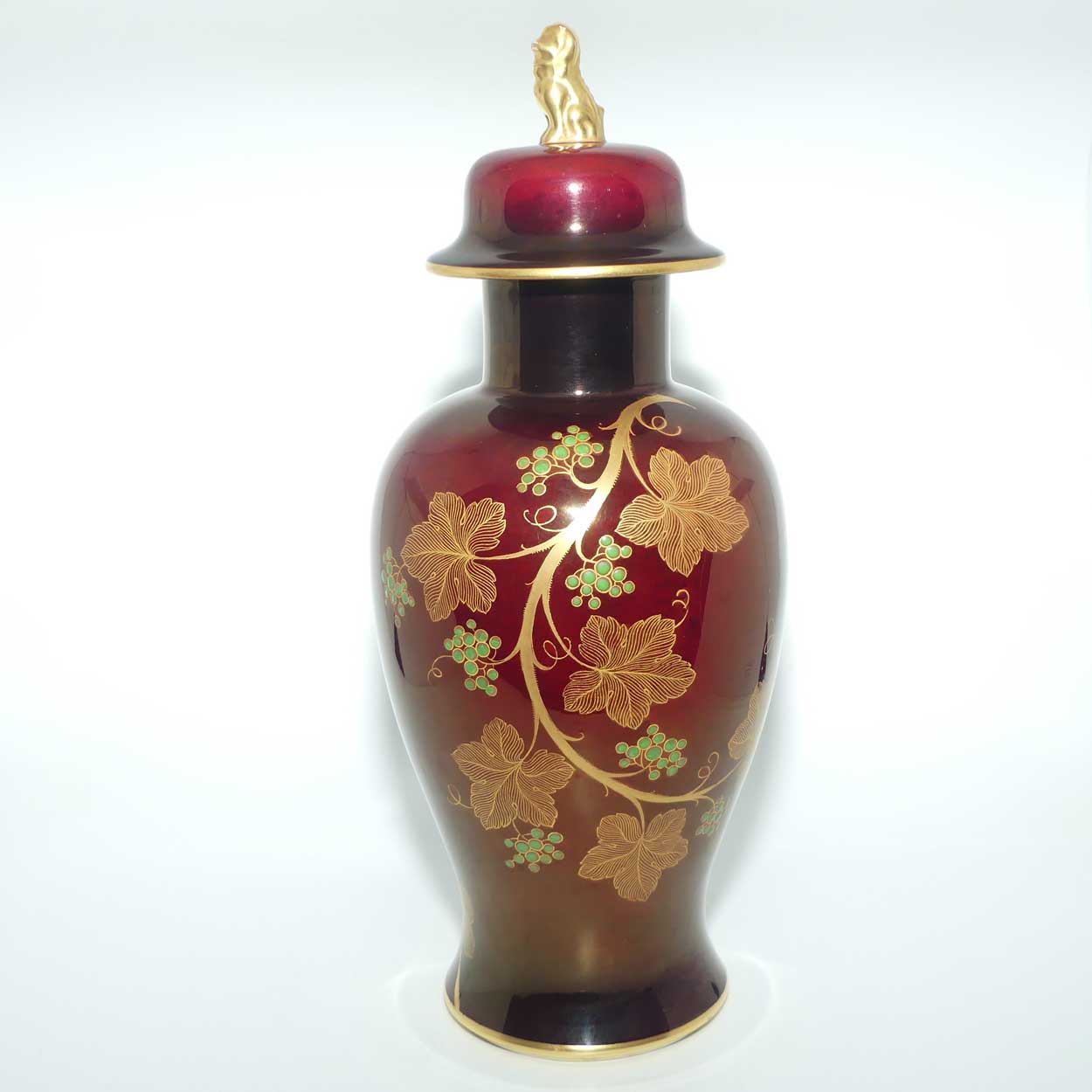 Carlton Ware temple jar with Fo Dog finial | Rouge Royale Grape and Vine pattern | 38cm tall 