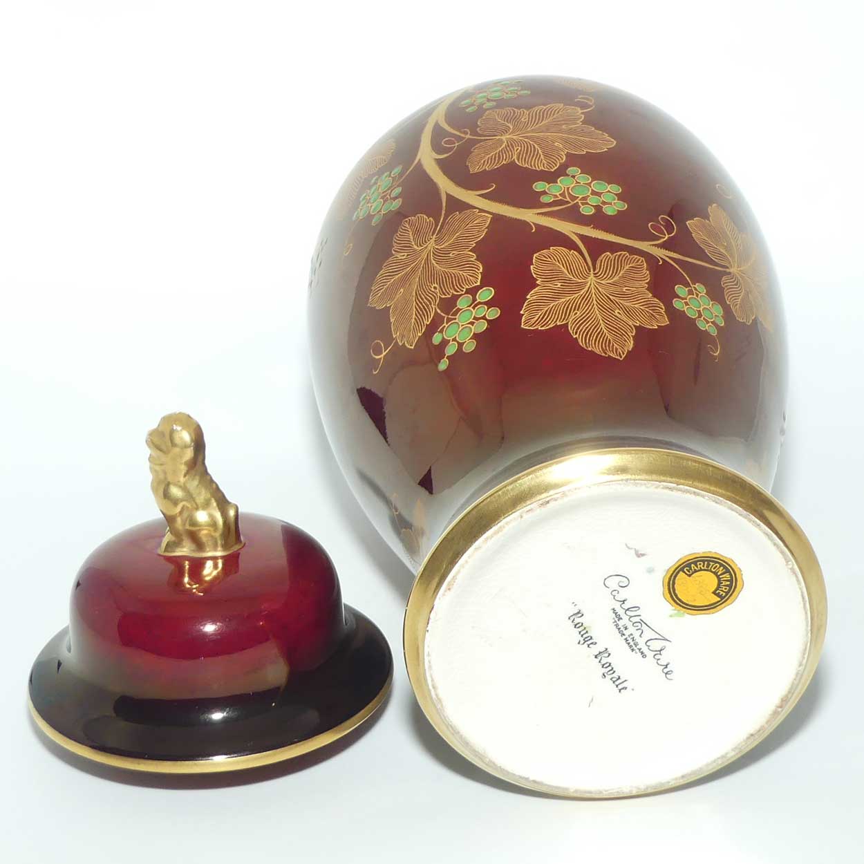 Carlton Ware temple jar with Fo Dog finial | Rouge Royale Grape and Vine pattern | 38cm tall 