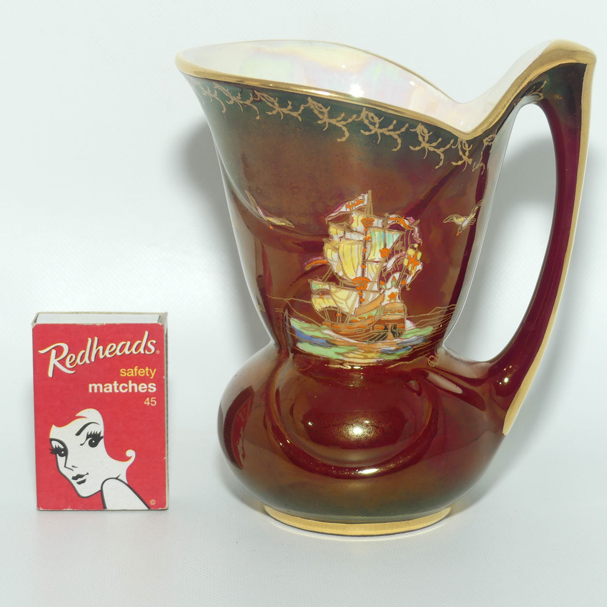 Crown Devon Fieldings Rouge Tall Ships design jug | signed D Cole | 12.5cms