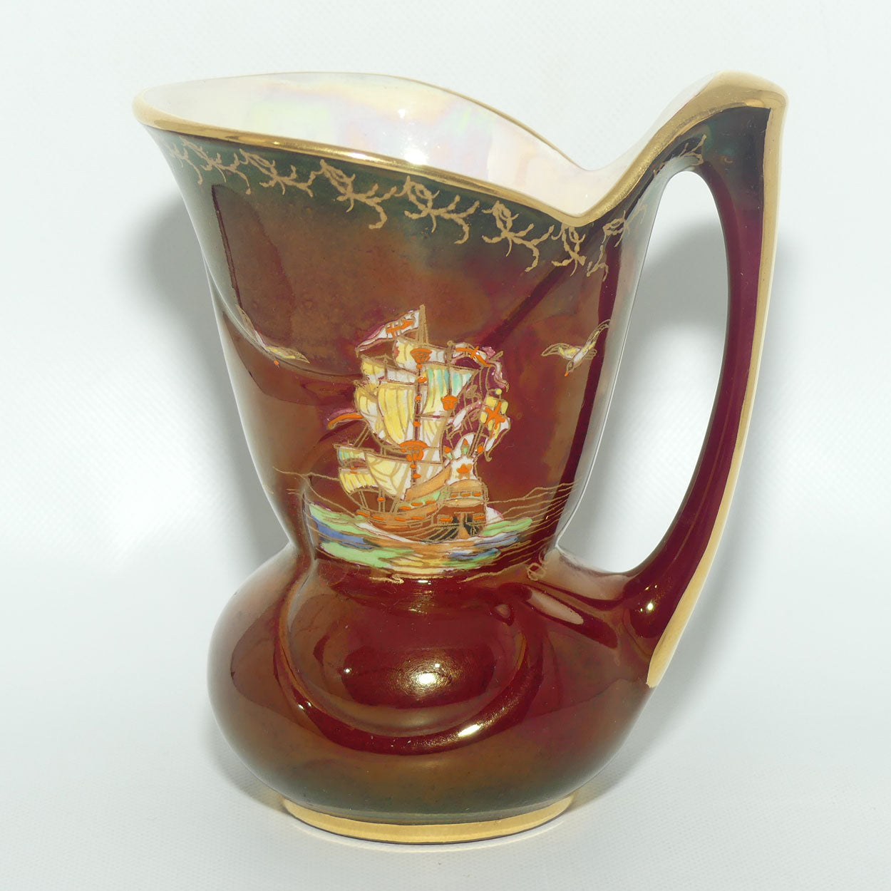 Crown Devon Fieldings Rouge Tall Ships design jug | signed D Cole | 12.5cms