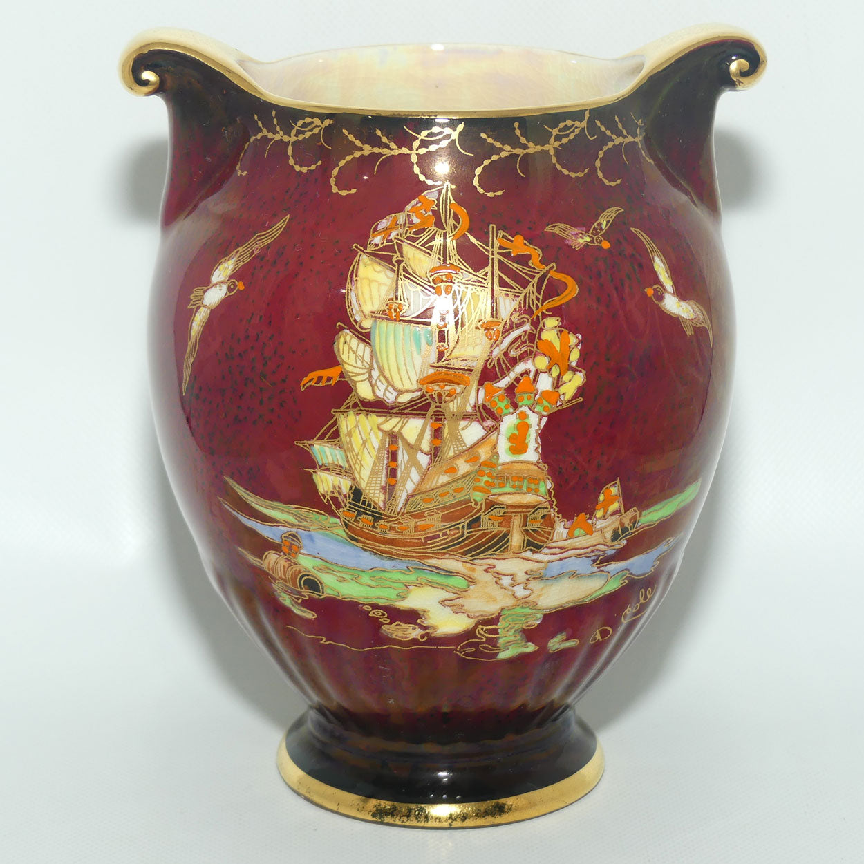 Crown Devon Fieldings Rouge Tall Ships design twin handle vase | signed D Cole