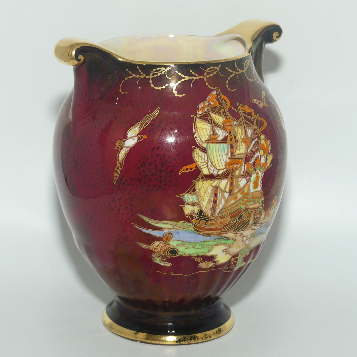Crown Devon Fieldings Rouge Tall Ships design twin handle vase | signed D Cole