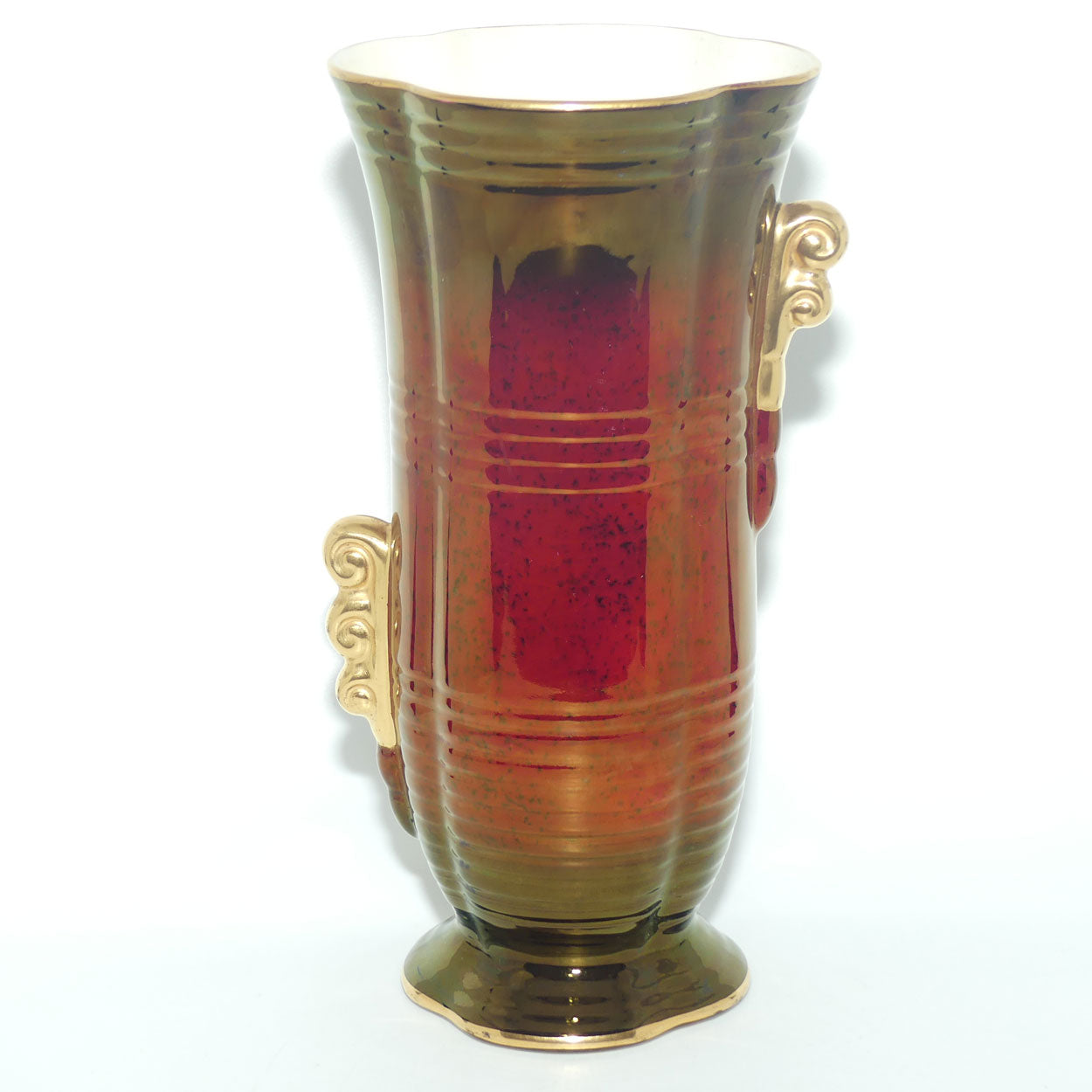 Crown Devon Fieldings Rouge footed vase with offset gilt handles | 27.5cms