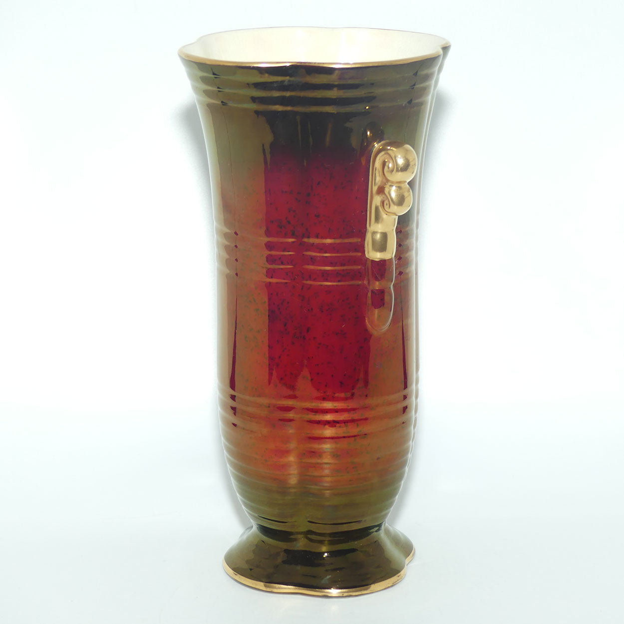Crown Devon Fieldings Rouge footed vase with offset gilt handles | 27.5cms
