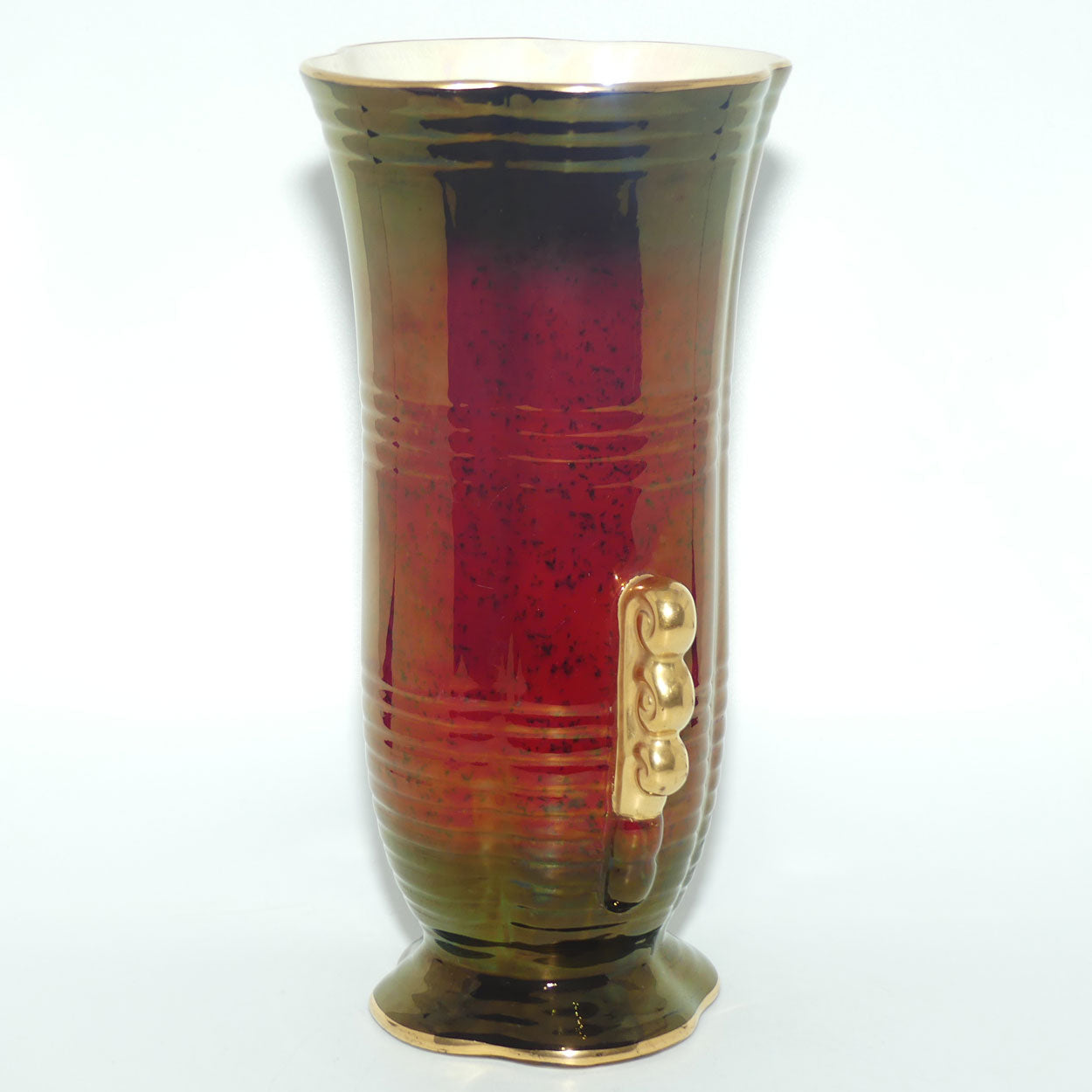 Crown Devon Fieldings Rouge footed vase with offset gilt handles | 27.5cms