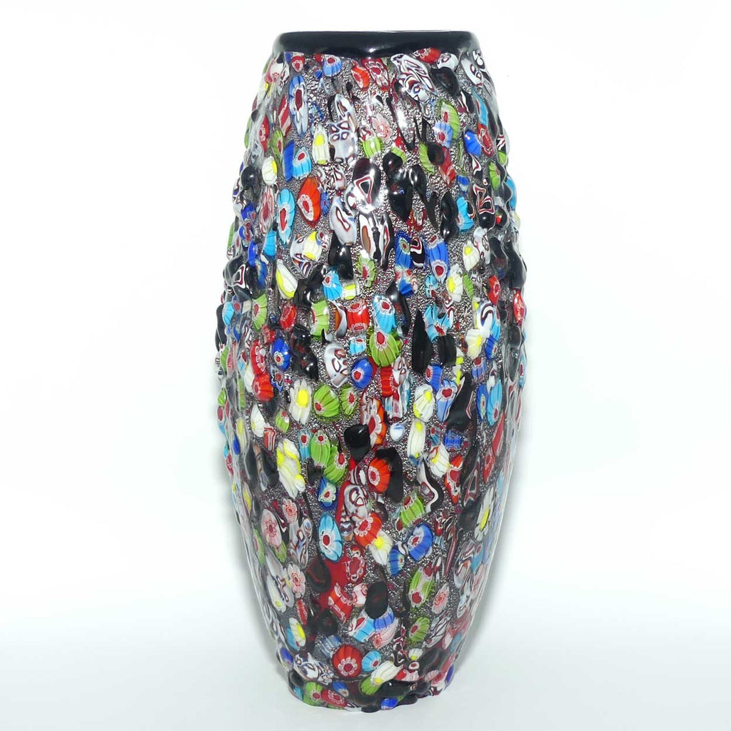 Murano Glass Millefiori vase | Black and Silver body | Textured Murrine design