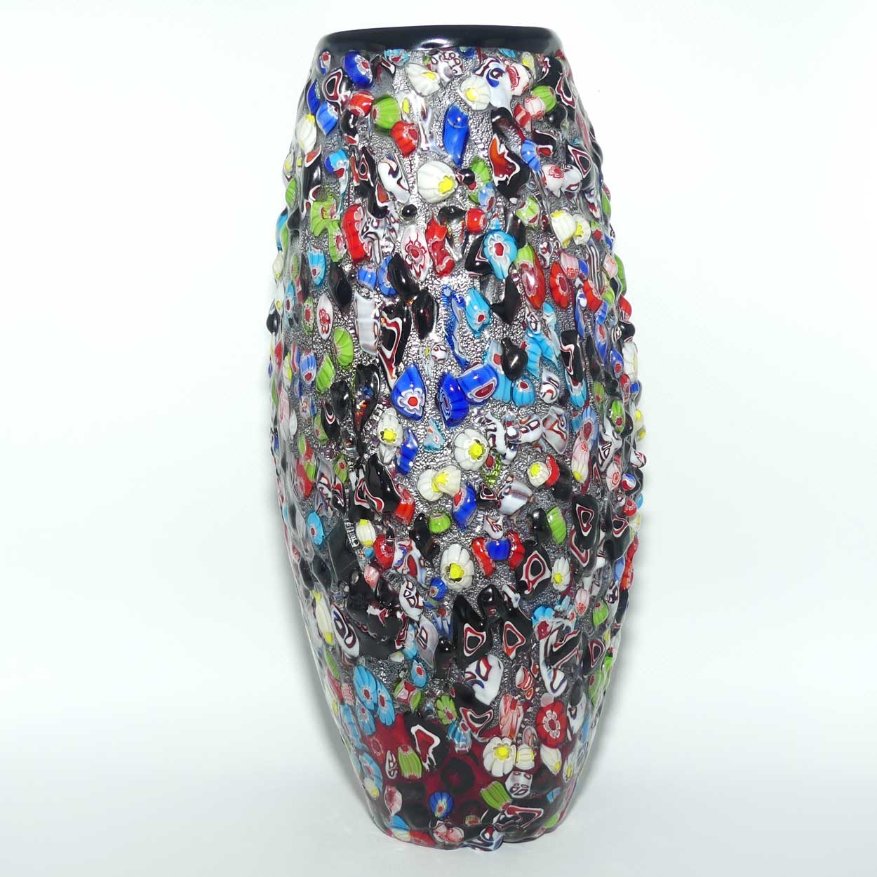 Murano Glass Millefiori vase | Black and Silver body | Textured Murrine design