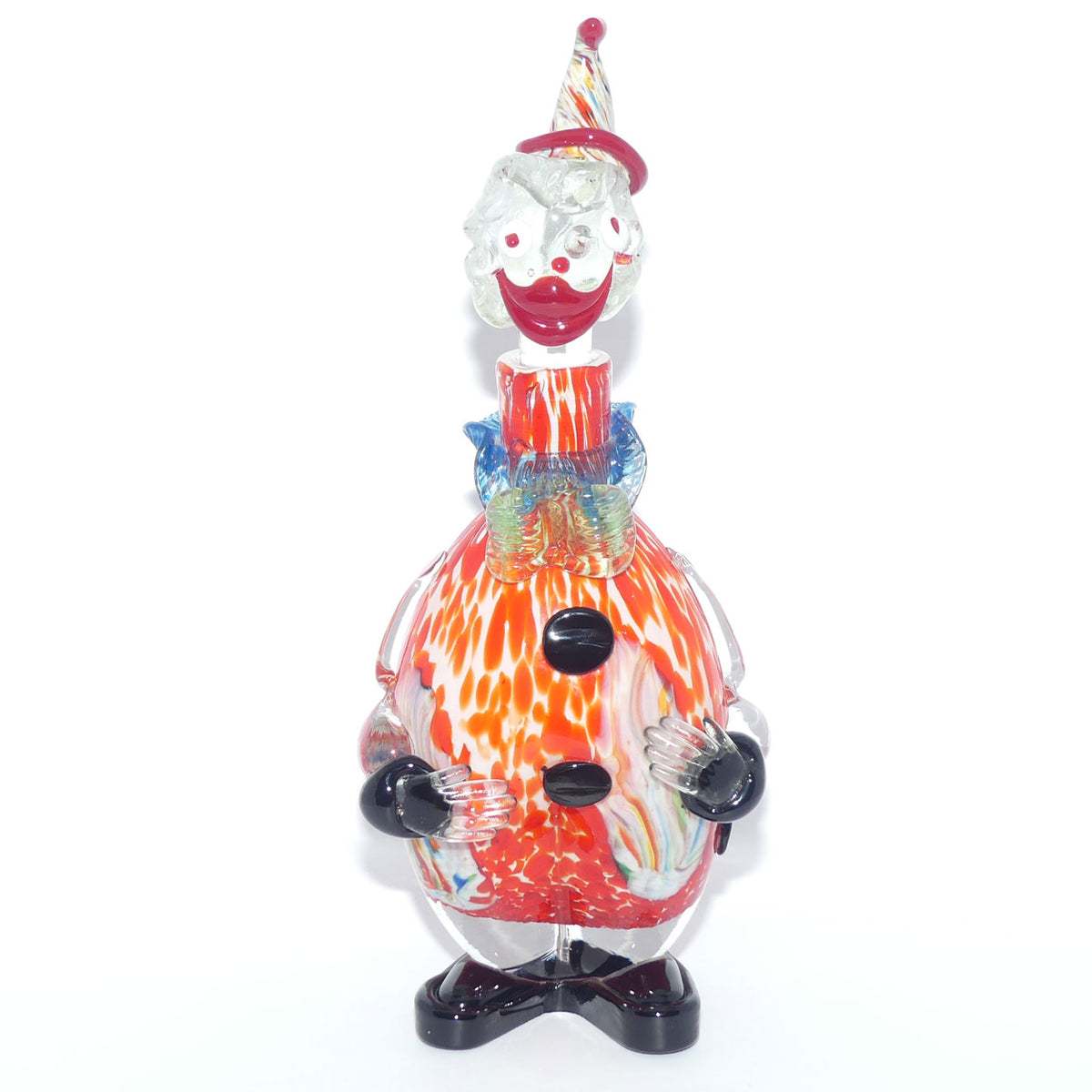 Murano Glass Decanter of a Clown with Googly Eyes and Blue and Yellow Bow Tie