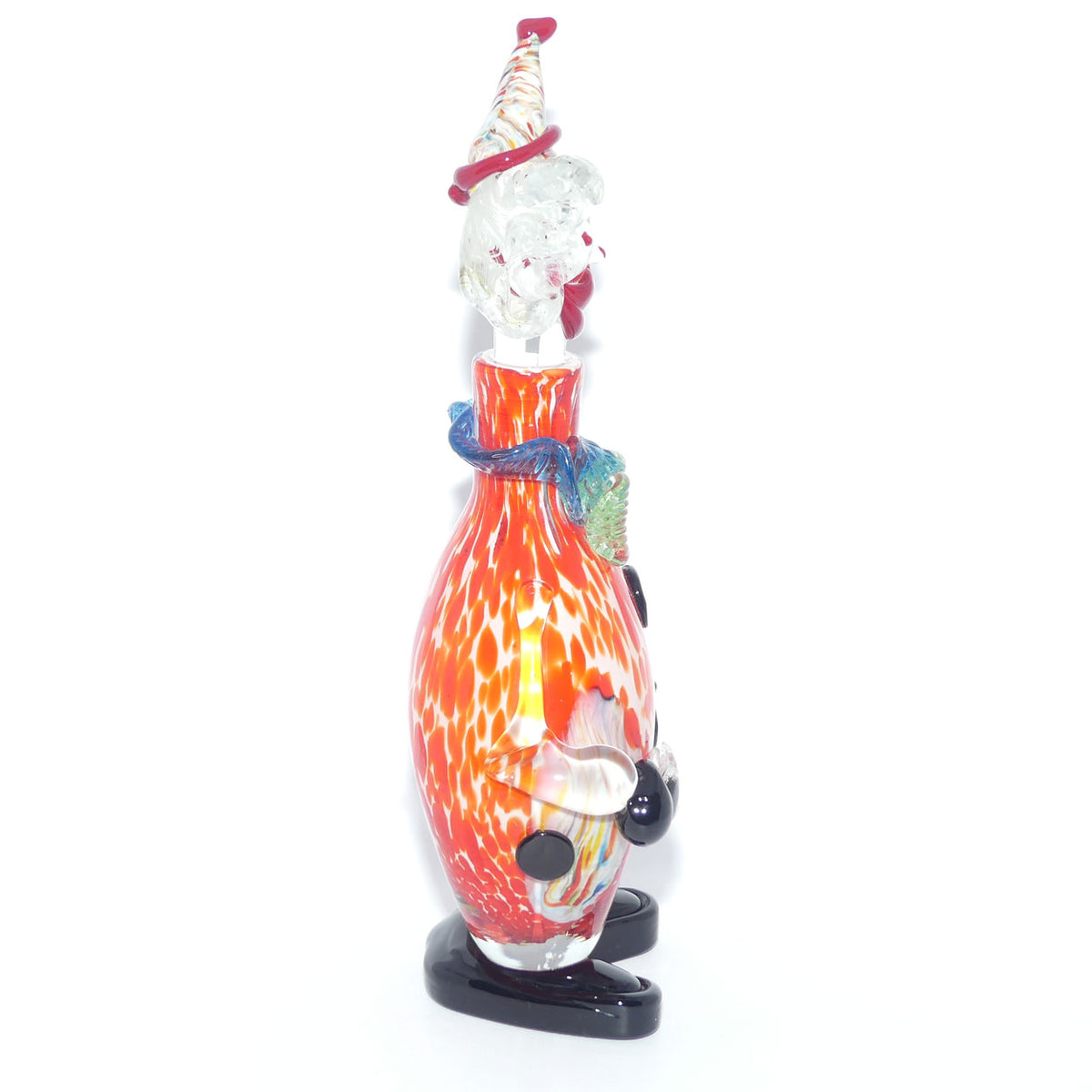Murano Glass Decanter of a Clown with Googly Eyes and Blue and Yellow Bow Tie