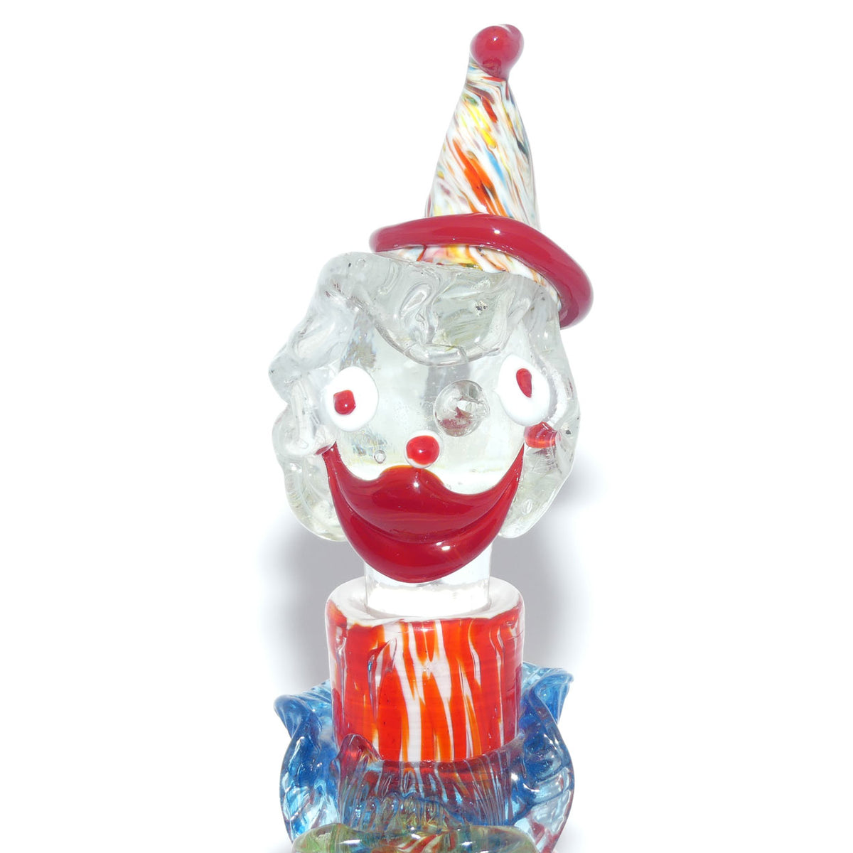 Murano Glass Decanter of a Clown with Googly Eyes and Blue and Yellow Bow Tie