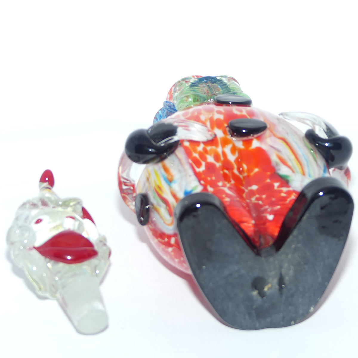 Murano Glass Decanter of a Clown with Googly Eyes and Blue and Yellow Bow Tie