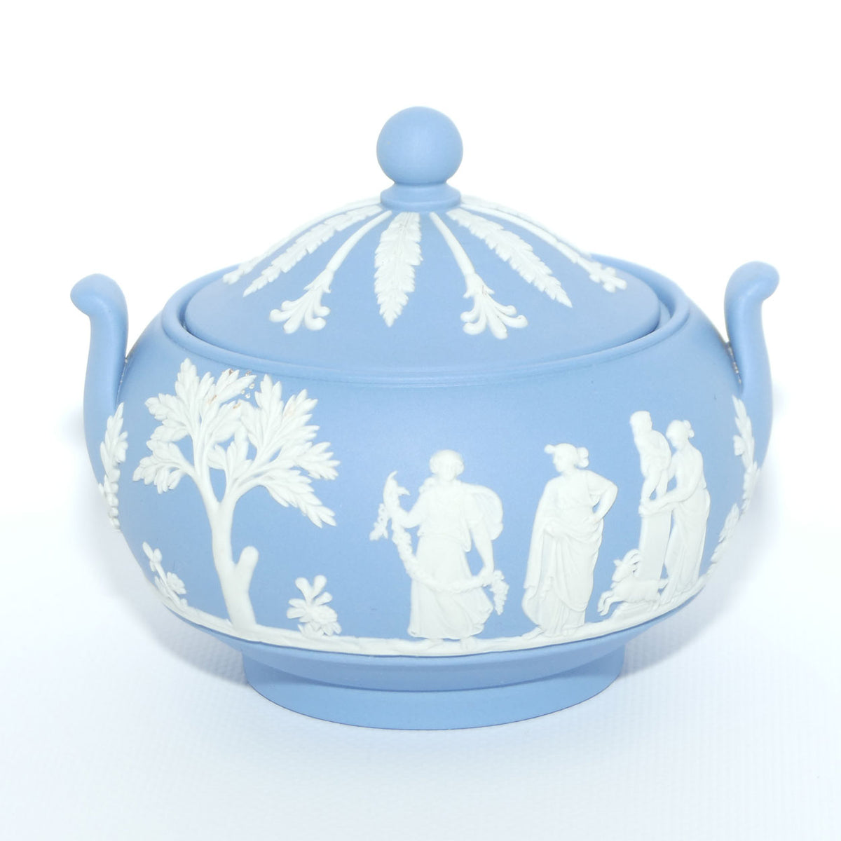 Wedgwood Jasper | White on Pale Blue round lidded pot with handles