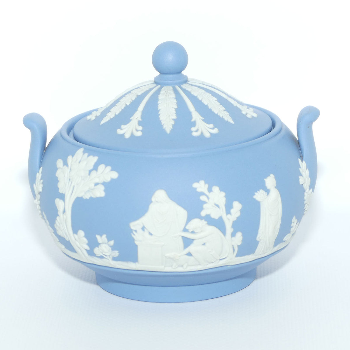 Wedgwood Jasper | White on Pale Blue round lidded pot with handles