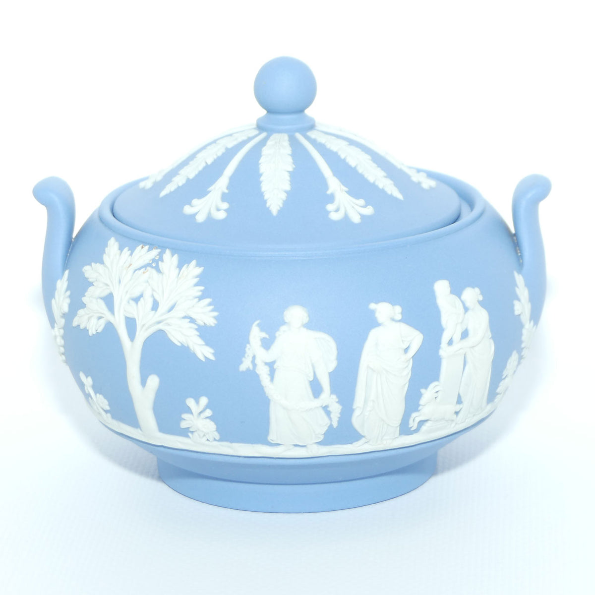 Wedgwood Jasper | White on Pale Blue round lidded pot with handles
