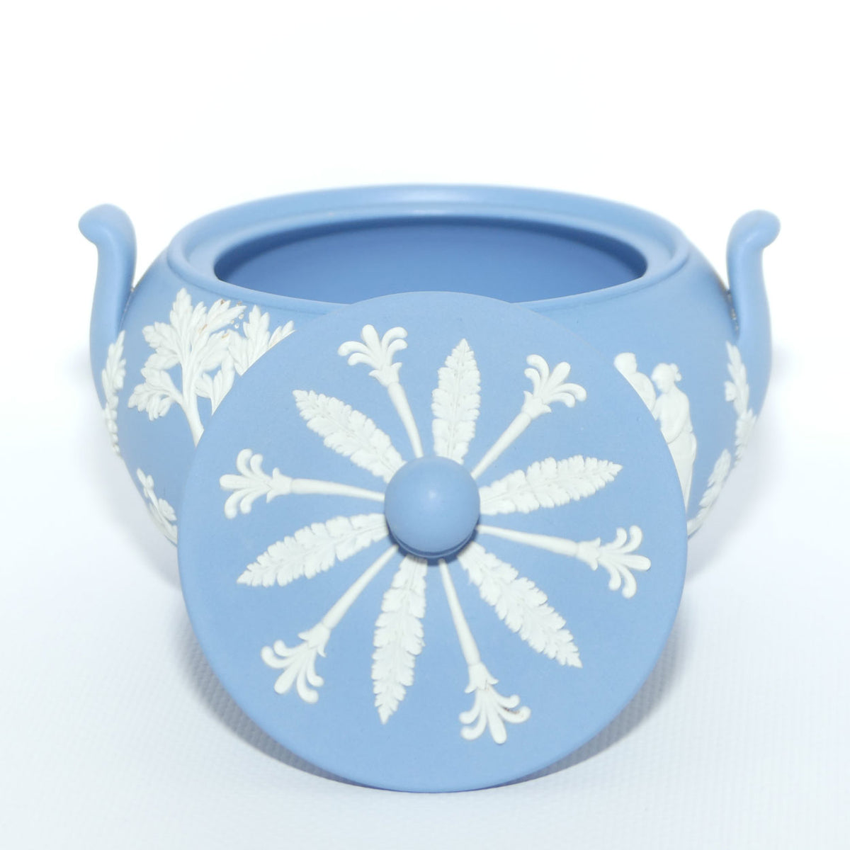 Wedgwood Jasper | White on Pale Blue round lidded pot with handles