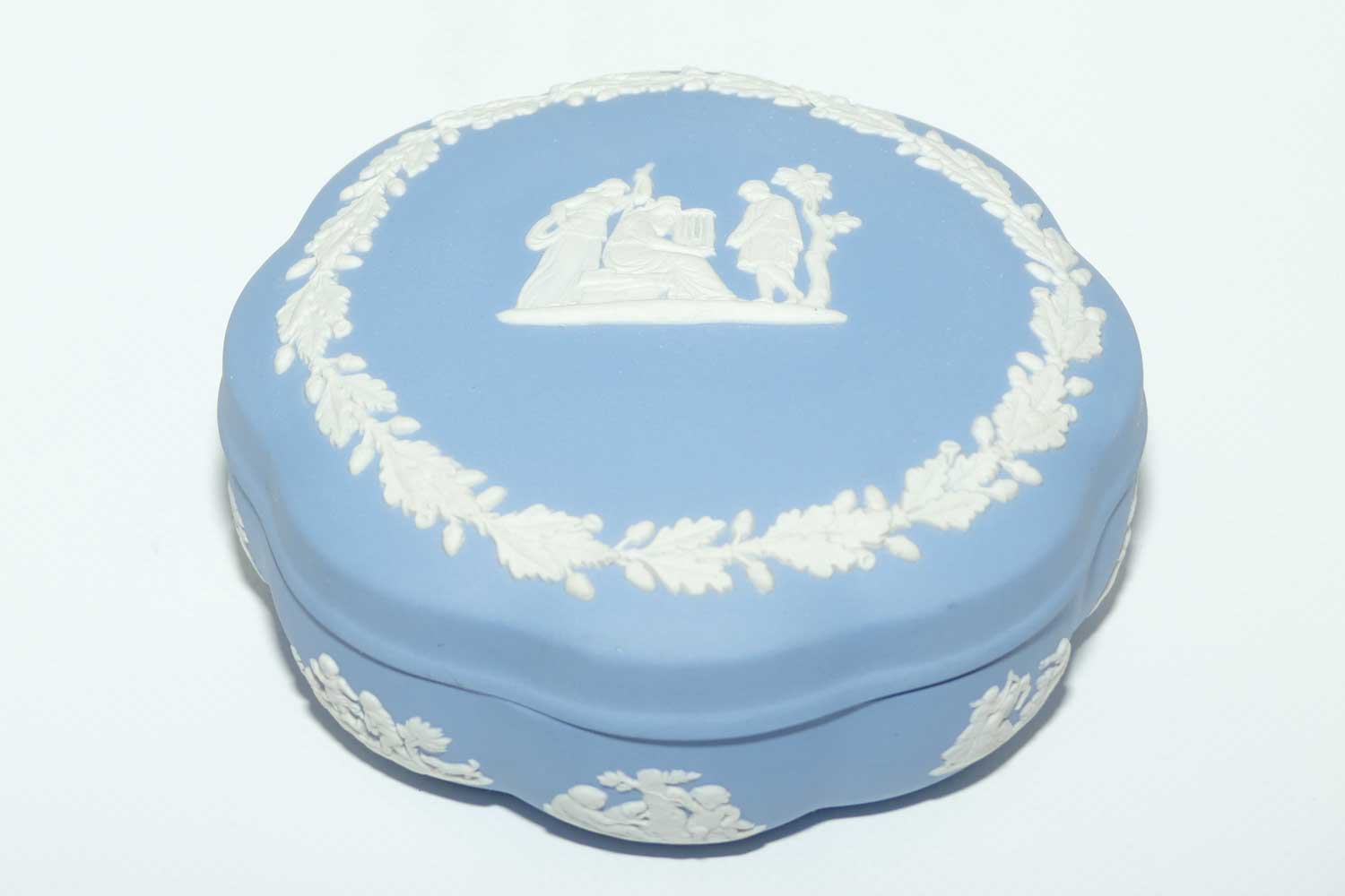 Wedgwood Jasper | White on Pale Blue | Well decorated large round box | Grecian scene | Acorn border