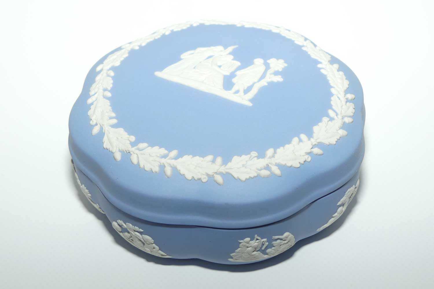 Wedgwood Jasper | White on Pale Blue | Well decorated large round box | Grecian scene | Acorn border