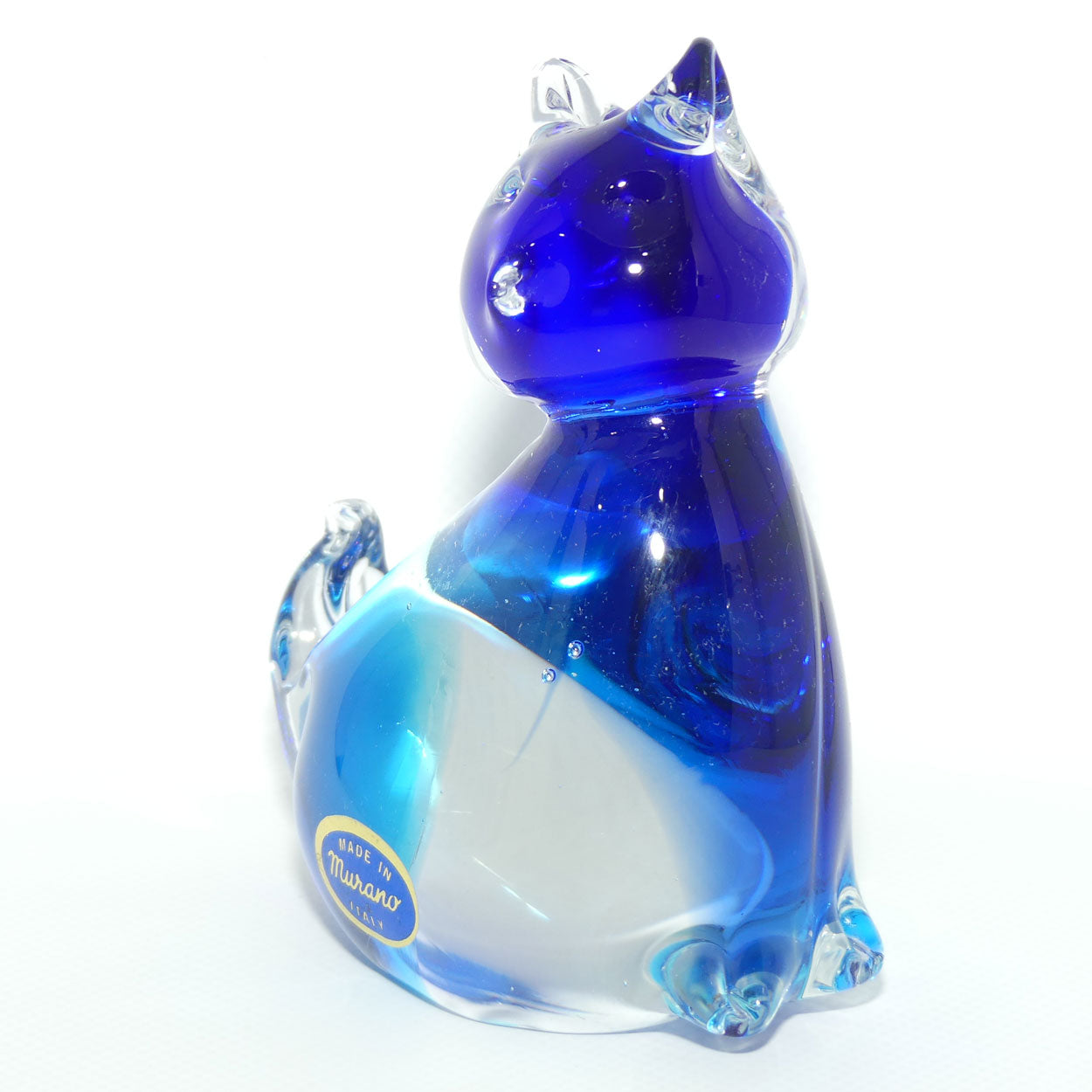 Murano Glass Two tone Blue and Clear Cat figure | Foil label intact